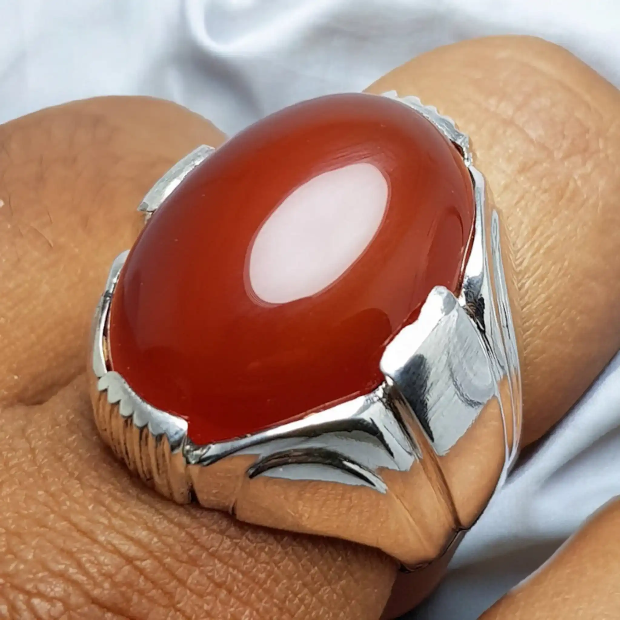 Brown Yemeni Aqeeq Mens Ring, Natural Brown Agate 4 Yemeni Aqeeq Mens Ring Brown