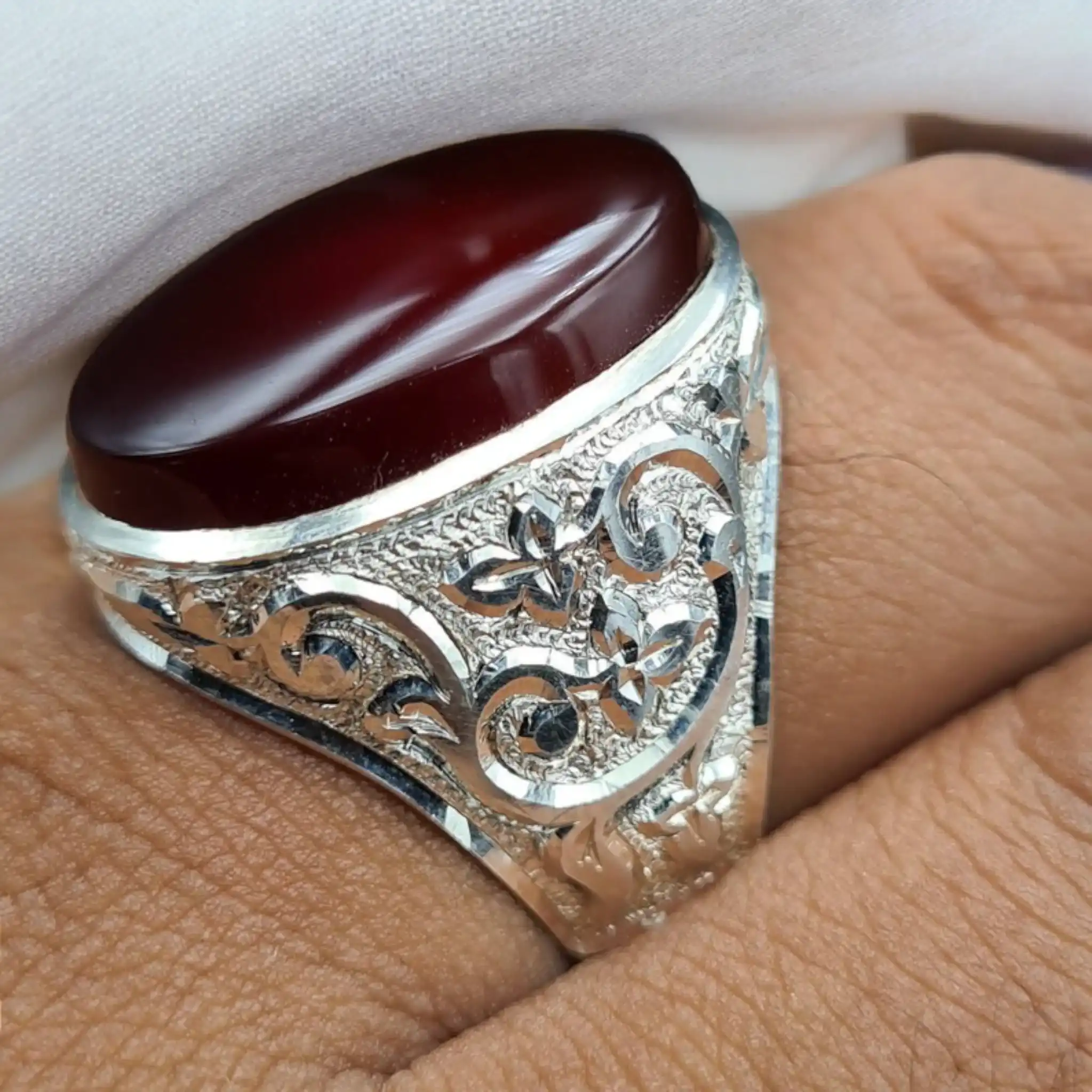 Original Red Aqeeq Ring In Sterling Silver 4 Yemeni Aqeeq Mens Ring Brown