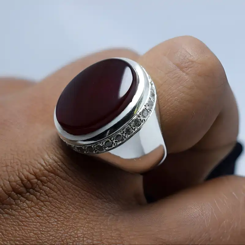 Natural Agate Ring For Men, Brown Yemeni Aqeeq 5 Agate Ring For Men