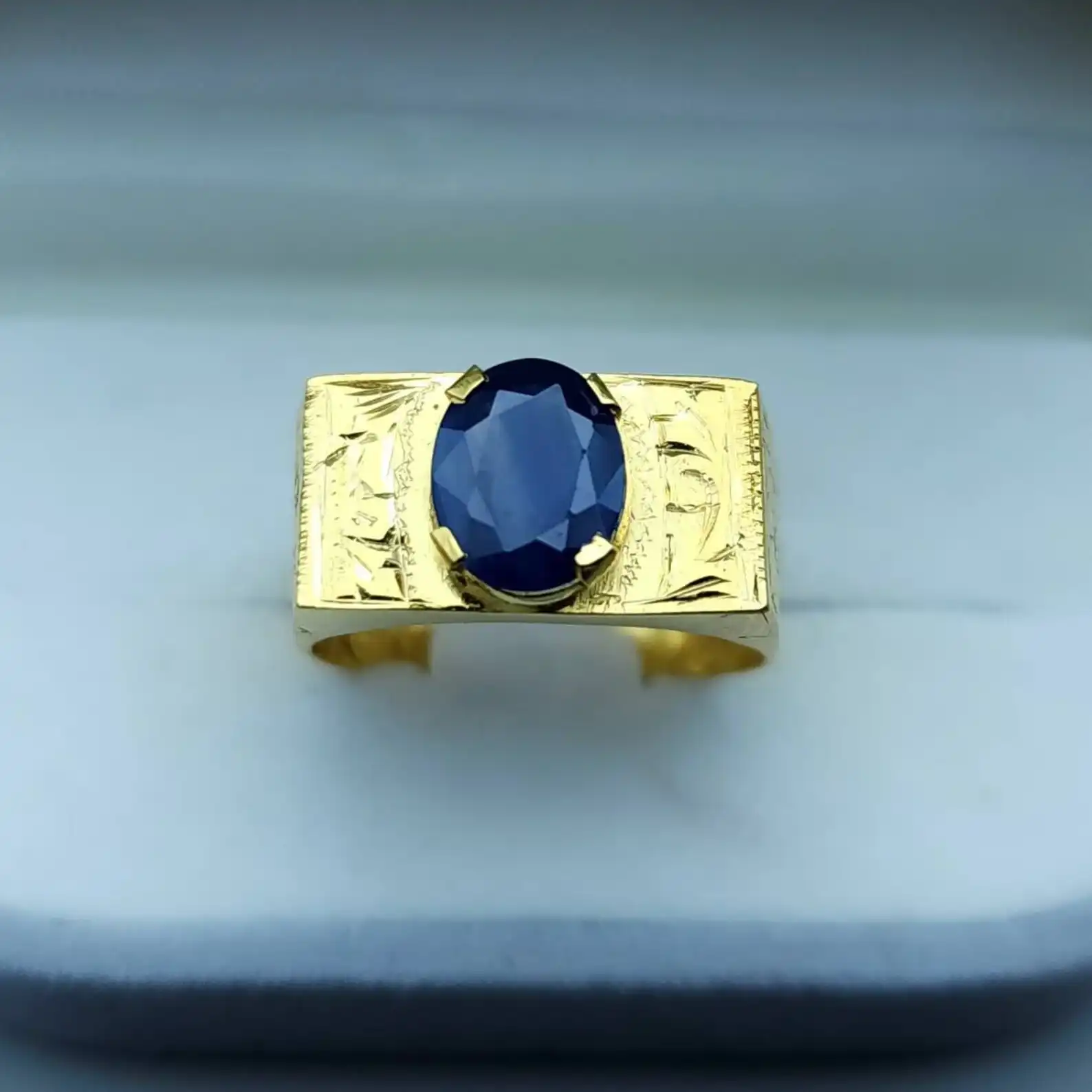 Mens Gold Sapphire Ring Natural14K Engraved Band 3 Mens Gold Sapphire Ring Natural14K Engraved Band - Image 3