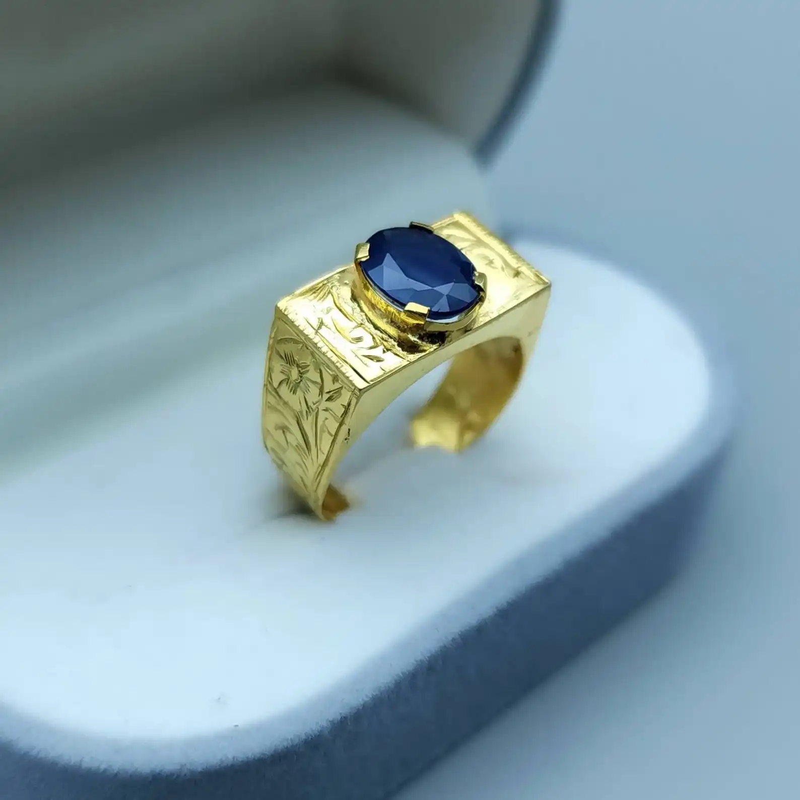 Mens Gold Sapphire Ring Natural14K Engraved Band 2 Mens Gold Sapphire Ring Natural14K Engraved Band - Image 2