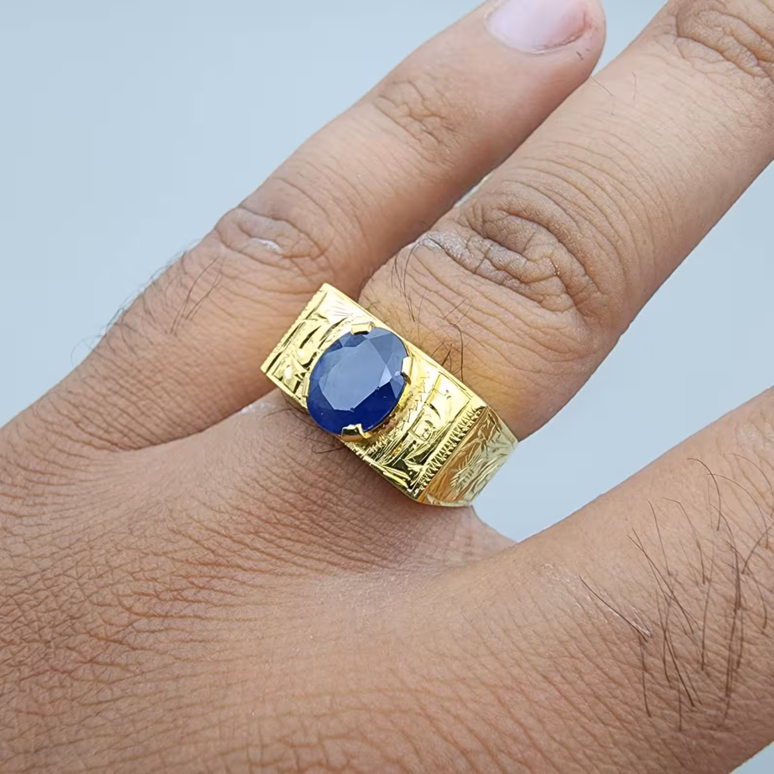 Mens Gold Sapphire Ring Natural14K Engraved Band 7 Mens Gold Sapphire Ring Natural14K Engraved Band - Image 7