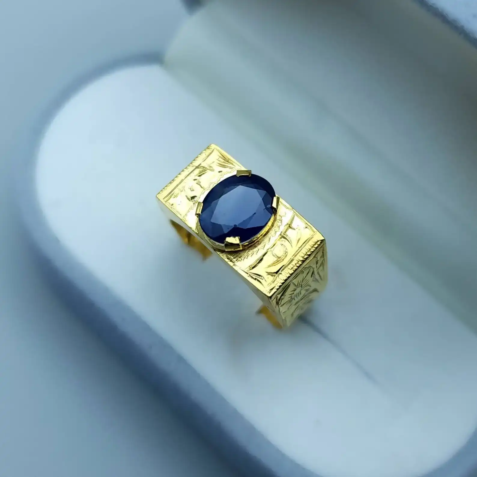 Mens Gold Sapphire Ring Natural14K Engraved Band 6 Mens Gold Sapphire Ring Natural14K Engraved Band - Image 6