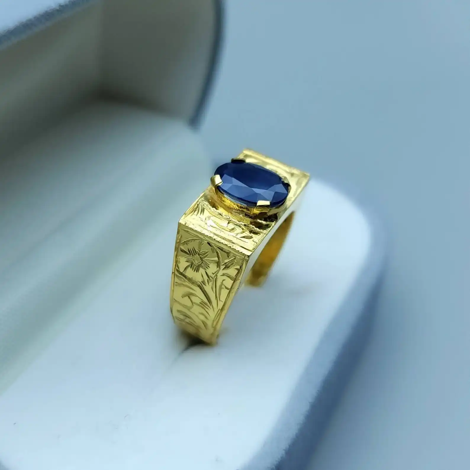 Mens Gold Sapphire Ring Natural14K Engraved Band 4 Mens Gold Sapphire Ring Natural14K Engraved Band - Image 4