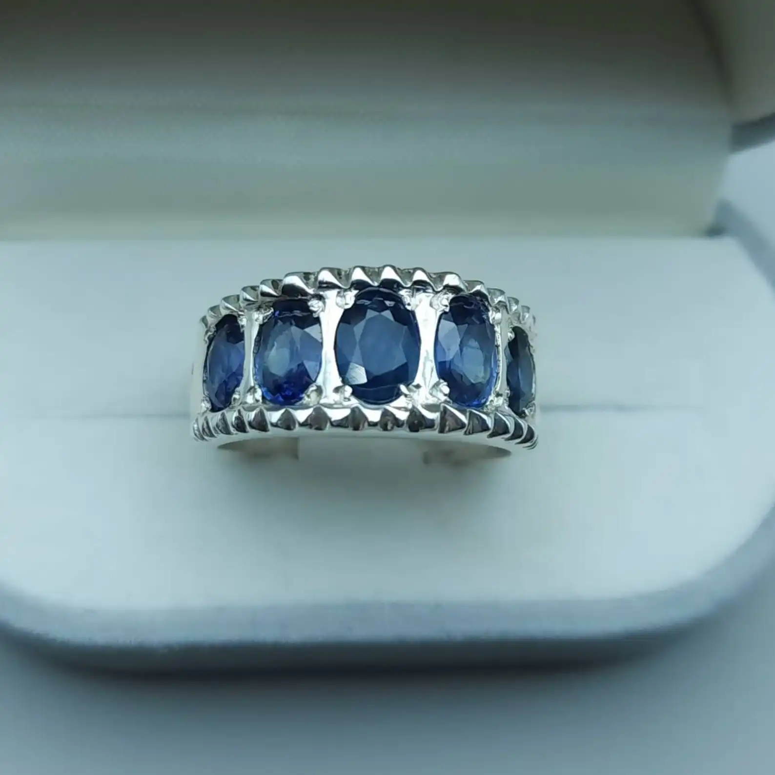 Natural Ceylon Blue Sapphire Ring For Men, Multistone Sapphire 3 Natural Ceylon Blue Sapphire Ring For Men, Multistone Sapphire - Image 3