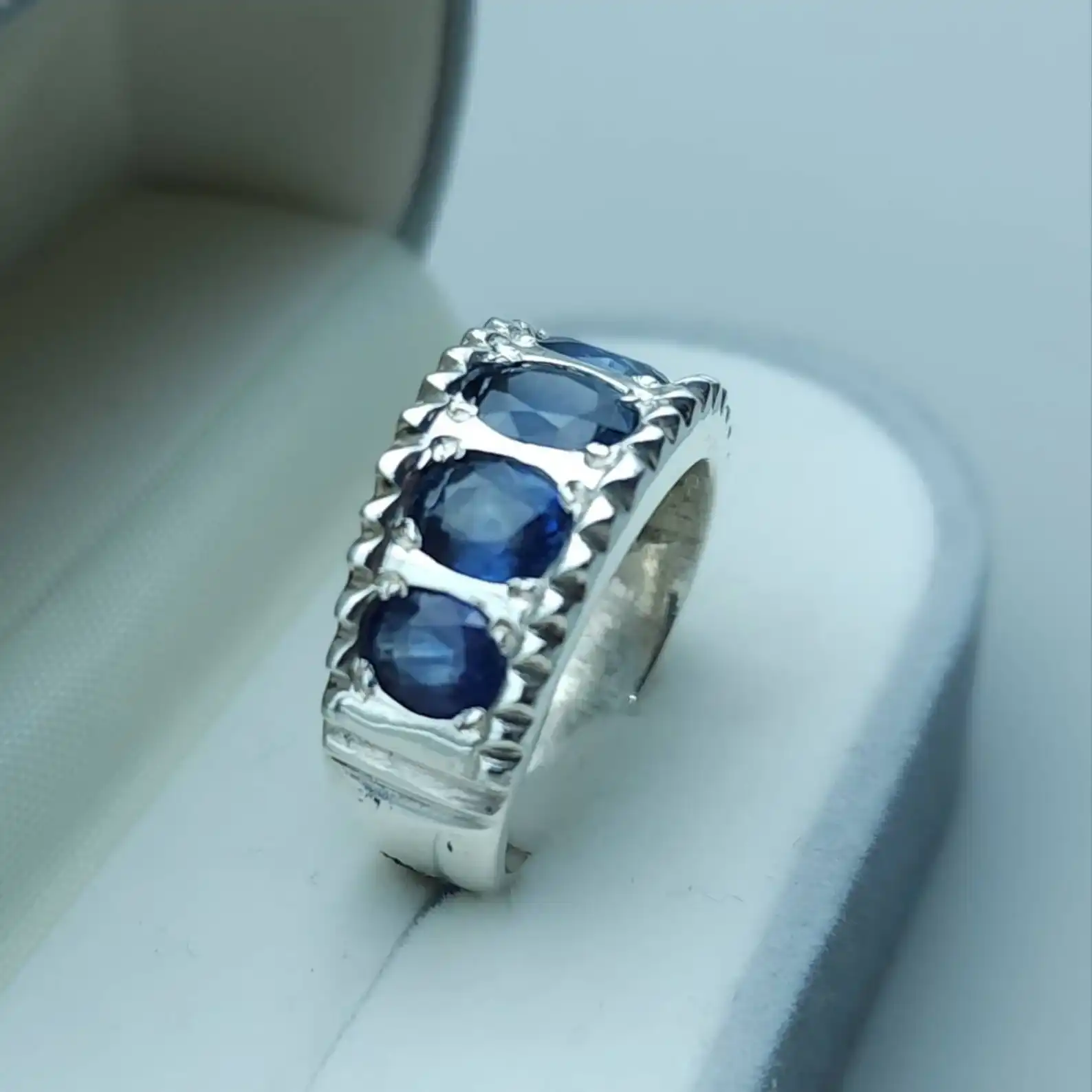 Natural Ceylon Blue Sapphire Ring For Men, Multistone Sapphire 2 Natural Ceylon Blue Sapphire Ring For Men, Multistone Sapphire - Image 2