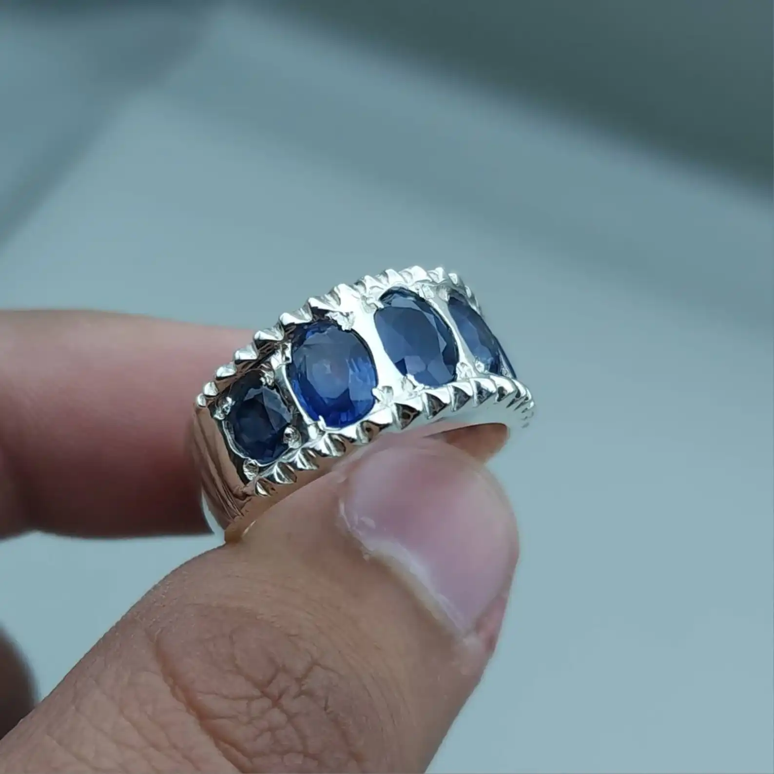 Natural Ceylon Blue Sapphire Ring For Men, Multistone Sapphire 1 Ceylon Blue Sapphire Ring
