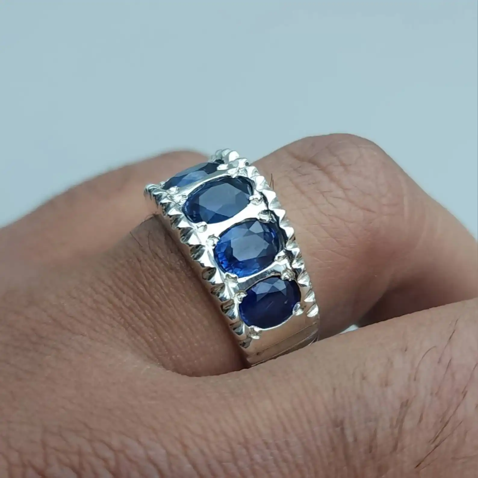 Natural Ceylon Blue Sapphire Ring For Men, Multistone Sapphire 6 Ceylon Blue Sapphire Ring