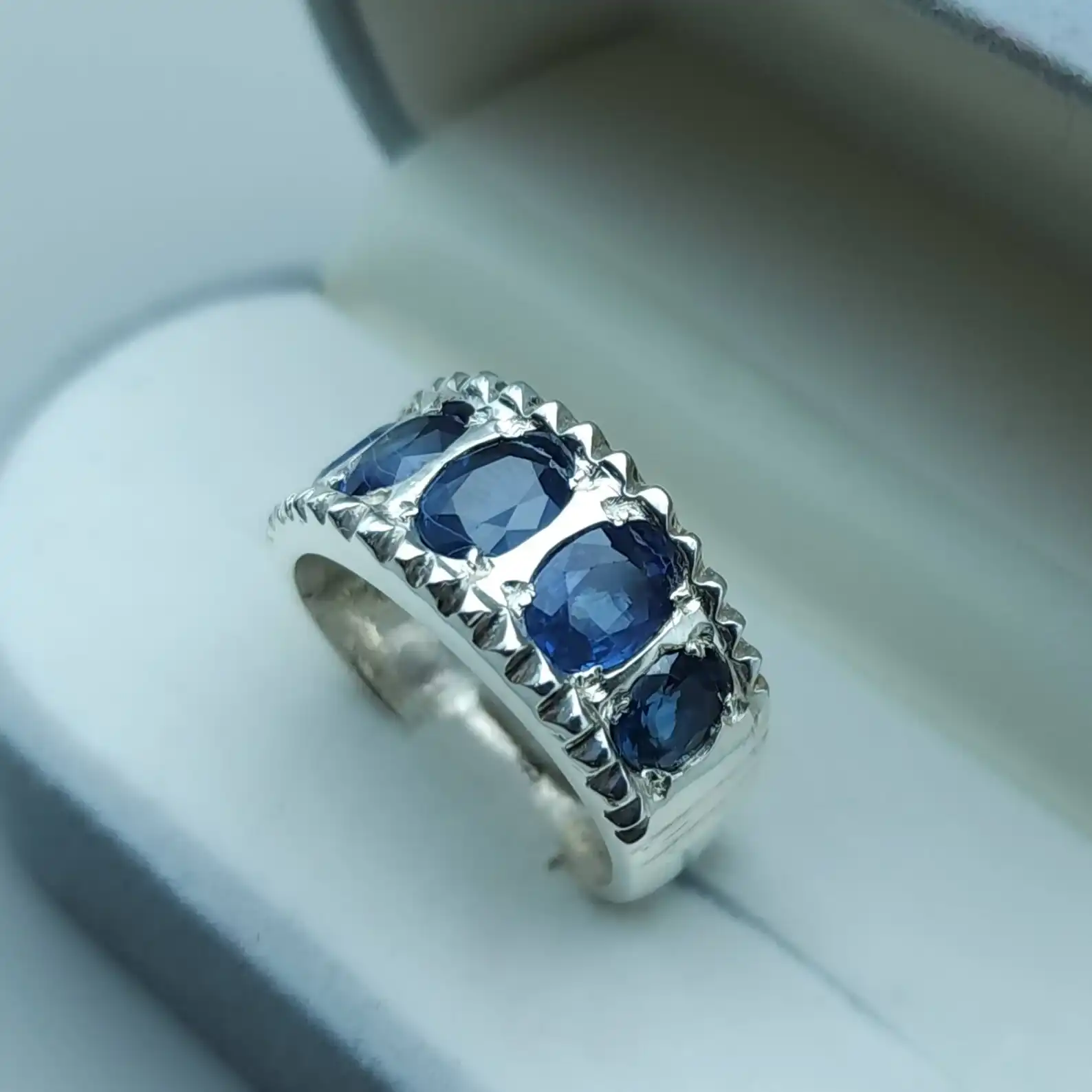 Natural Ceylon Blue Sapphire Ring For Men, Multistone Sapphire 4 Natural Ceylon Blue Sapphire Ring For Men, Multistone Sapphire - Image 4