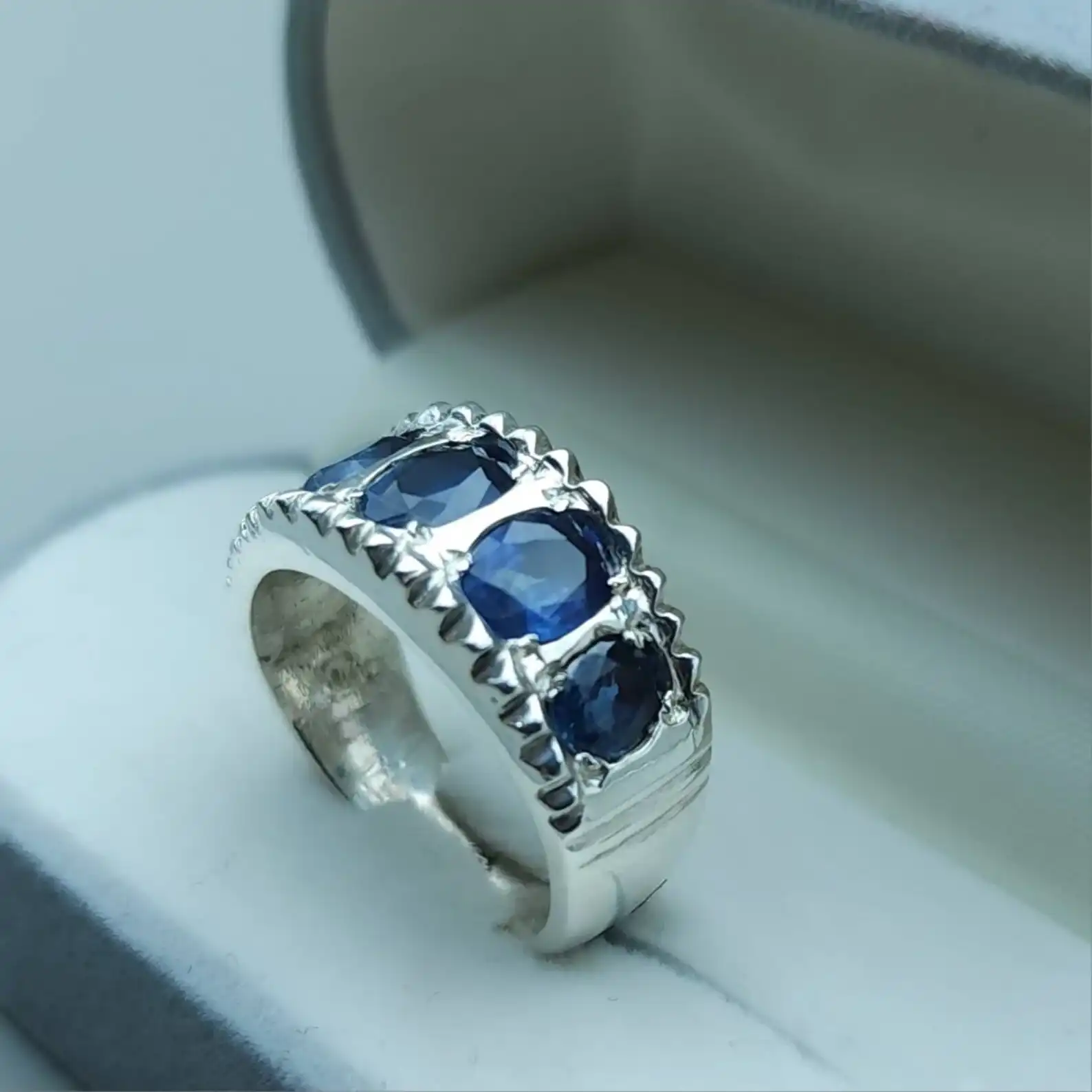 Natural Ceylon Blue Sapphire Ring For Men, Multistone Sapphire 5 Natural Ceylon Blue Sapphire Ring For Men, Multistone Sapphire - Image 5