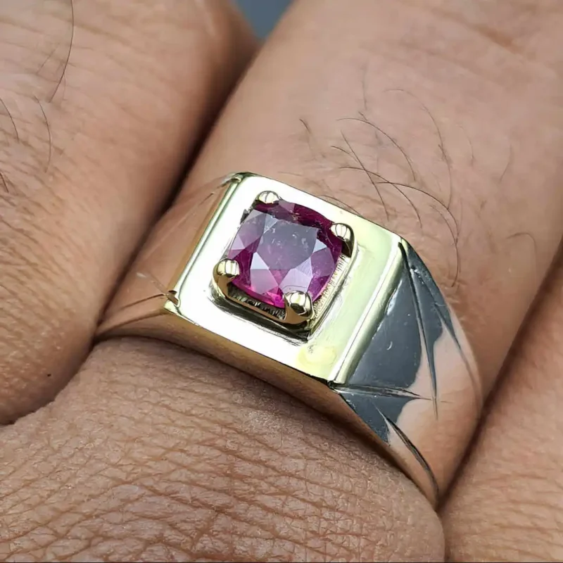 Purplish Red Mens Ruby Ring Gold Plated Ruby Ring