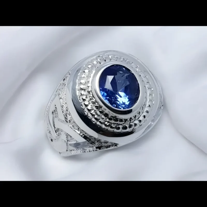 Cornflower Blue Ceylon Sapphire Ring Engraved Mens Sapphire Band