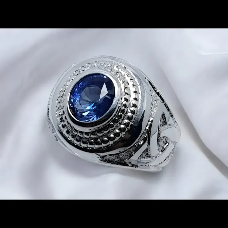 Cornflower Blue Ceylon Sapphire Ring Engraved Mens Sapphire Band