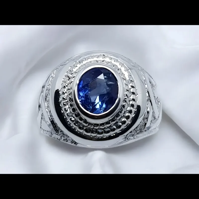 Cornflower Blue Ceylon Sapphire Ring Engraved Mens Sapphire Band