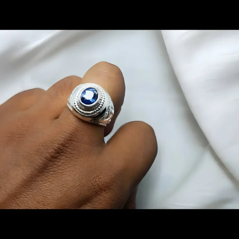 Cornflower Blue Ceylon Sapphire Ring Engraved Mens Sapphire Band