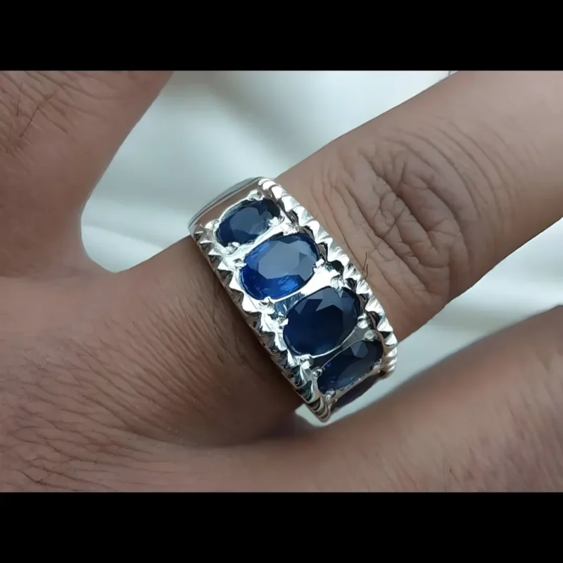 Ceylon Sapphire Band, Mens Handmade Sri Lanka Sapphire Band Neelam