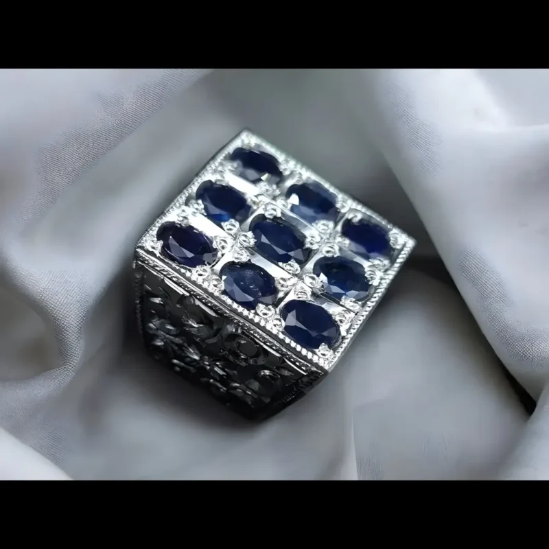 9 Stone Sapphire Band For Mens, Real Ceylon Sapphire Band, Multiple Stone Ring