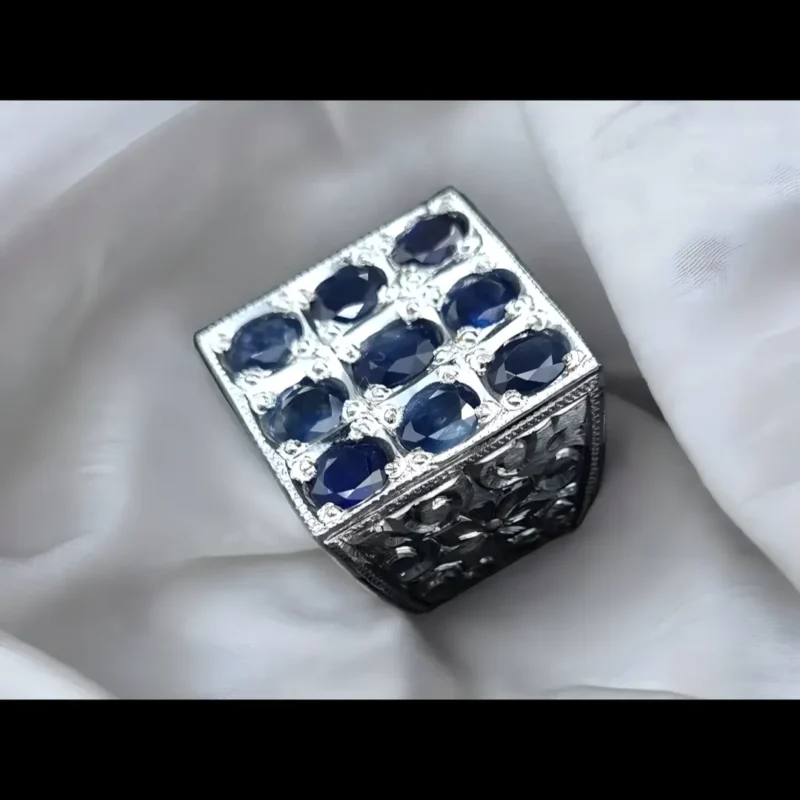 9 Stone Sapphire Band For Mens, Real Ceylon Sapphire Band, Multiple Stone Ring