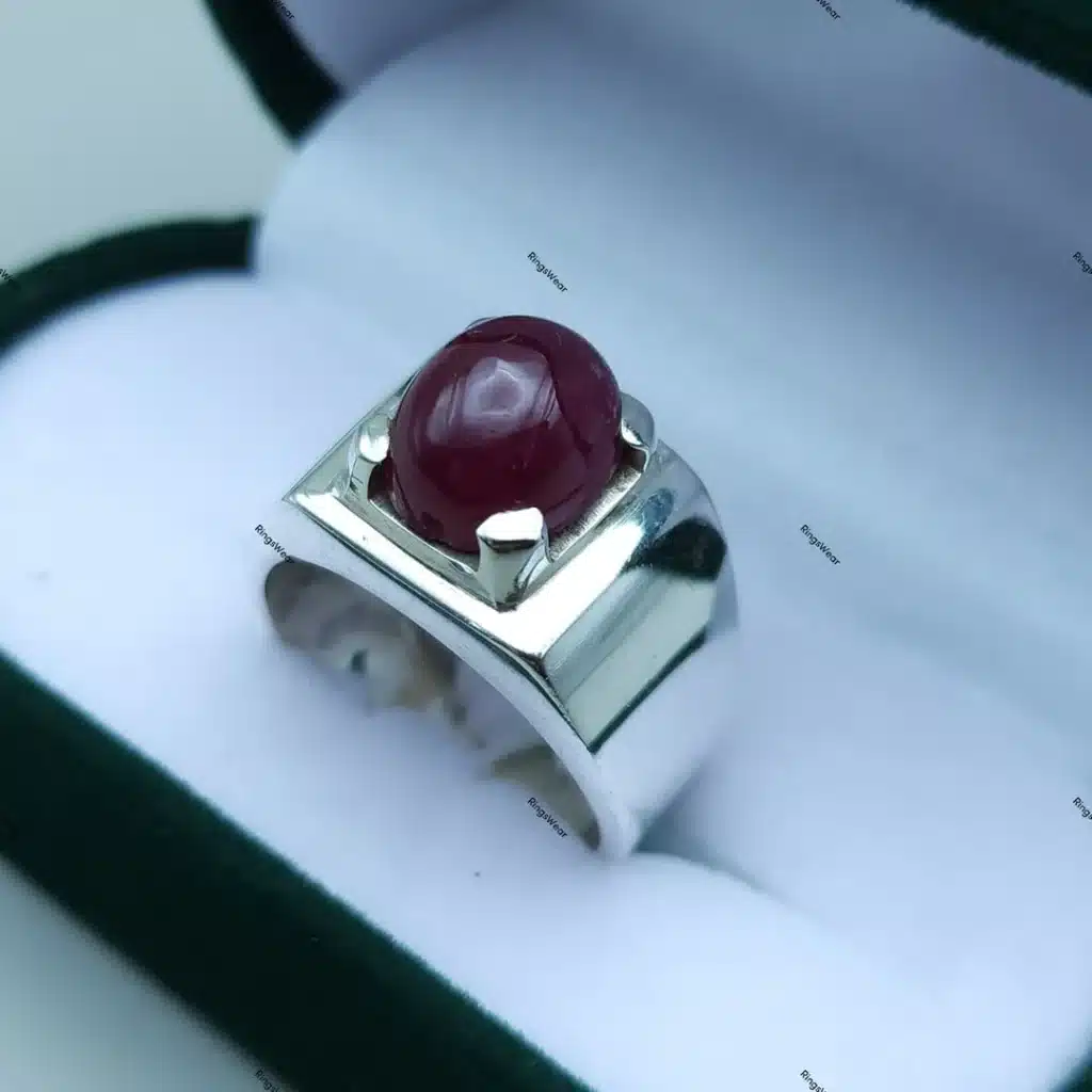 Shop this genuine natural cabochon ruby ring set in sterling silver. A big real ruby gemstone ring with classic cut — ships from USA.