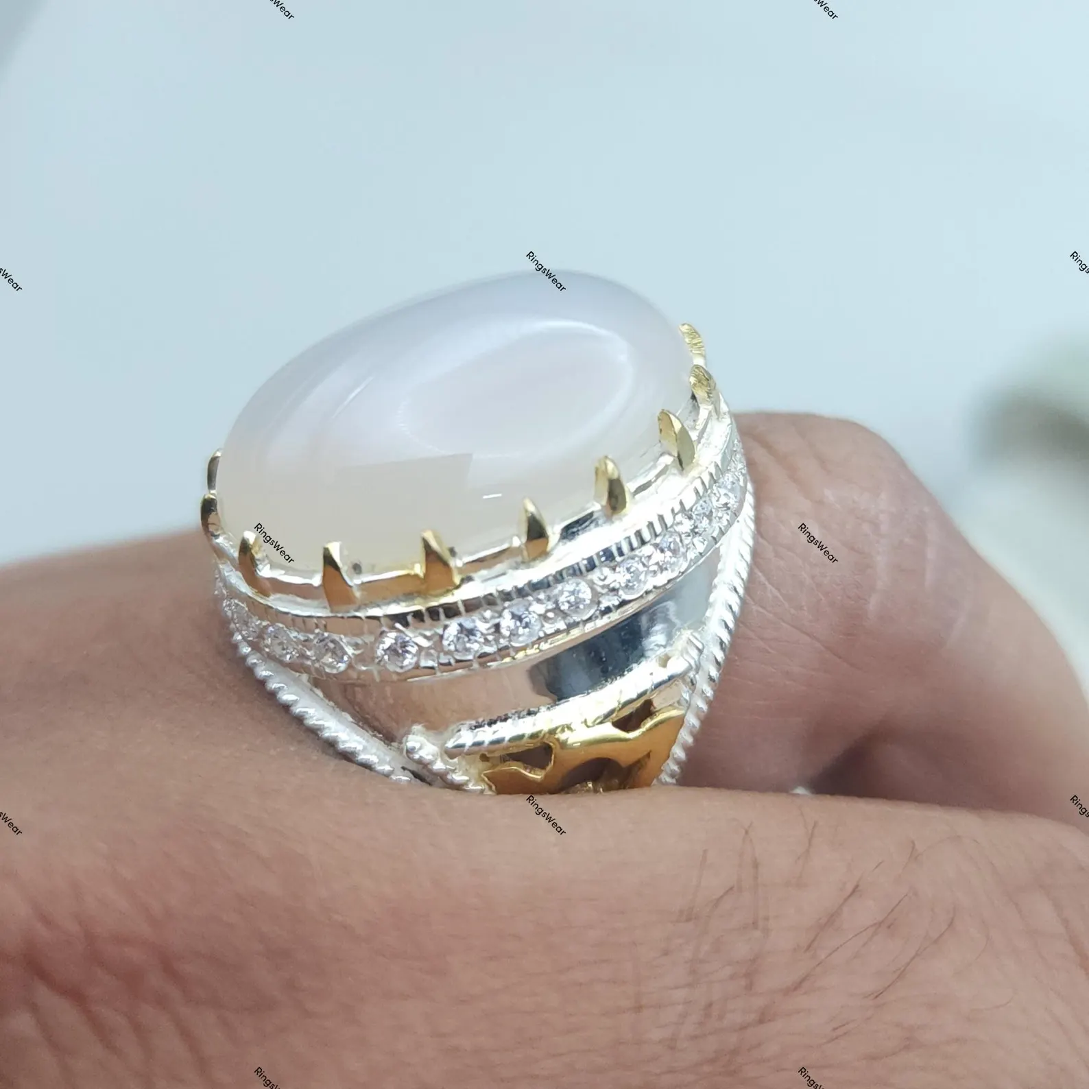 White Yemeni Aqeeq Ring For Men Two Tone 925 Silver 7 White Yemeni Aqeeq Ring For Men Two Tone 925 Silver - Image 7