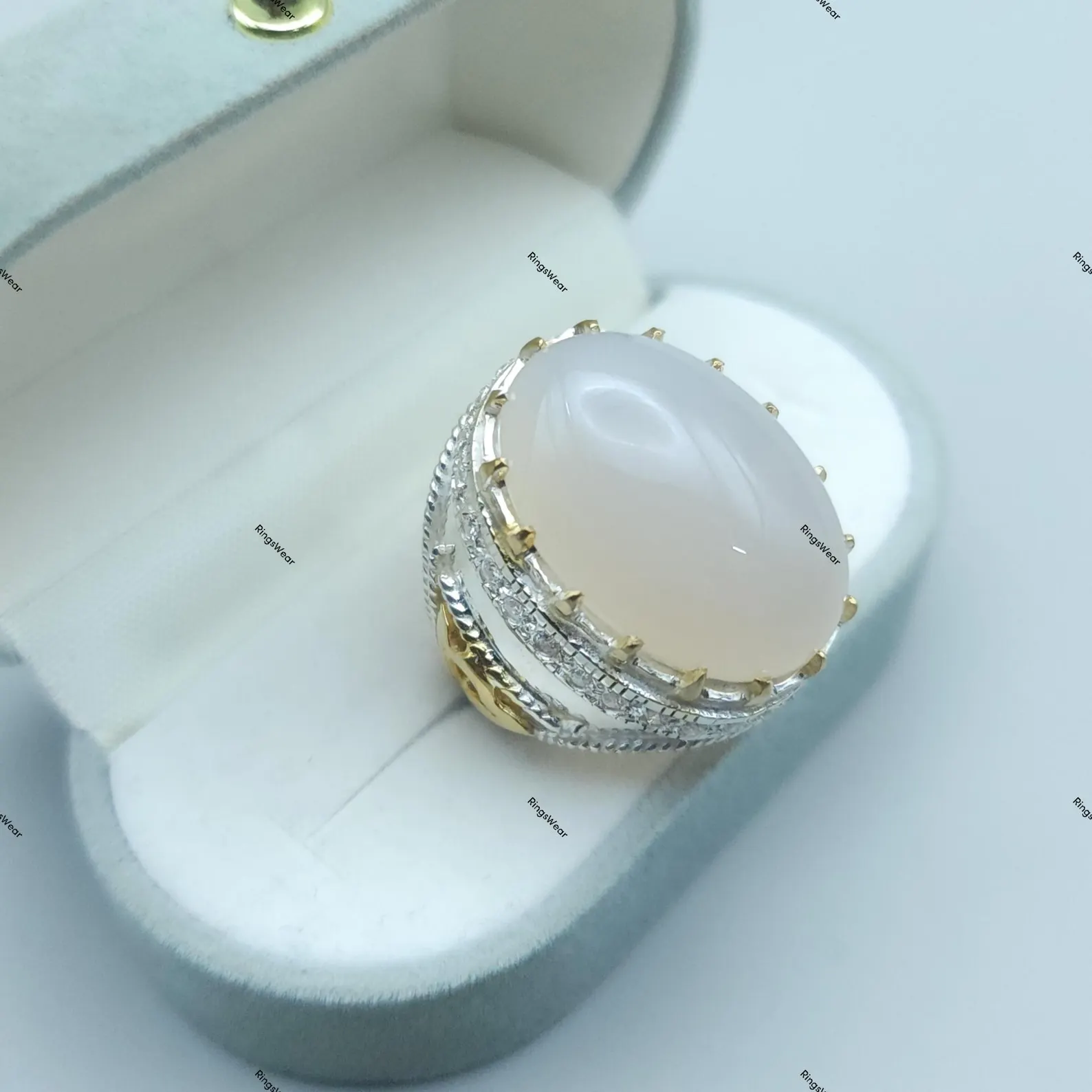 White Yemeni Aqeeq Ring For Men Two Tone 925 Silver 6 White Yemeni Aqeeq Ring For Men Two Tone 925 Silver - Image 6