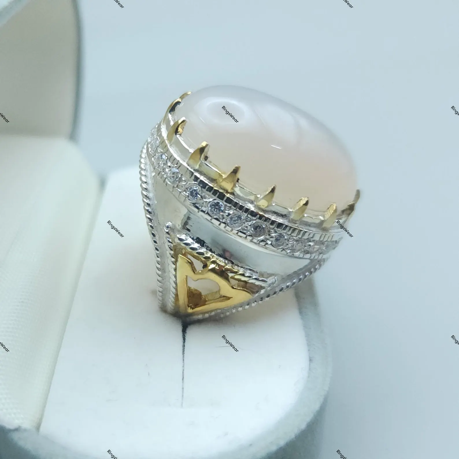 White Yemeni Aqeeq Ring For Men Two Tone 925 Silver 4 White Yemeni Aqeeq Ring For Men Two Tone 925 Silver - Image 4
