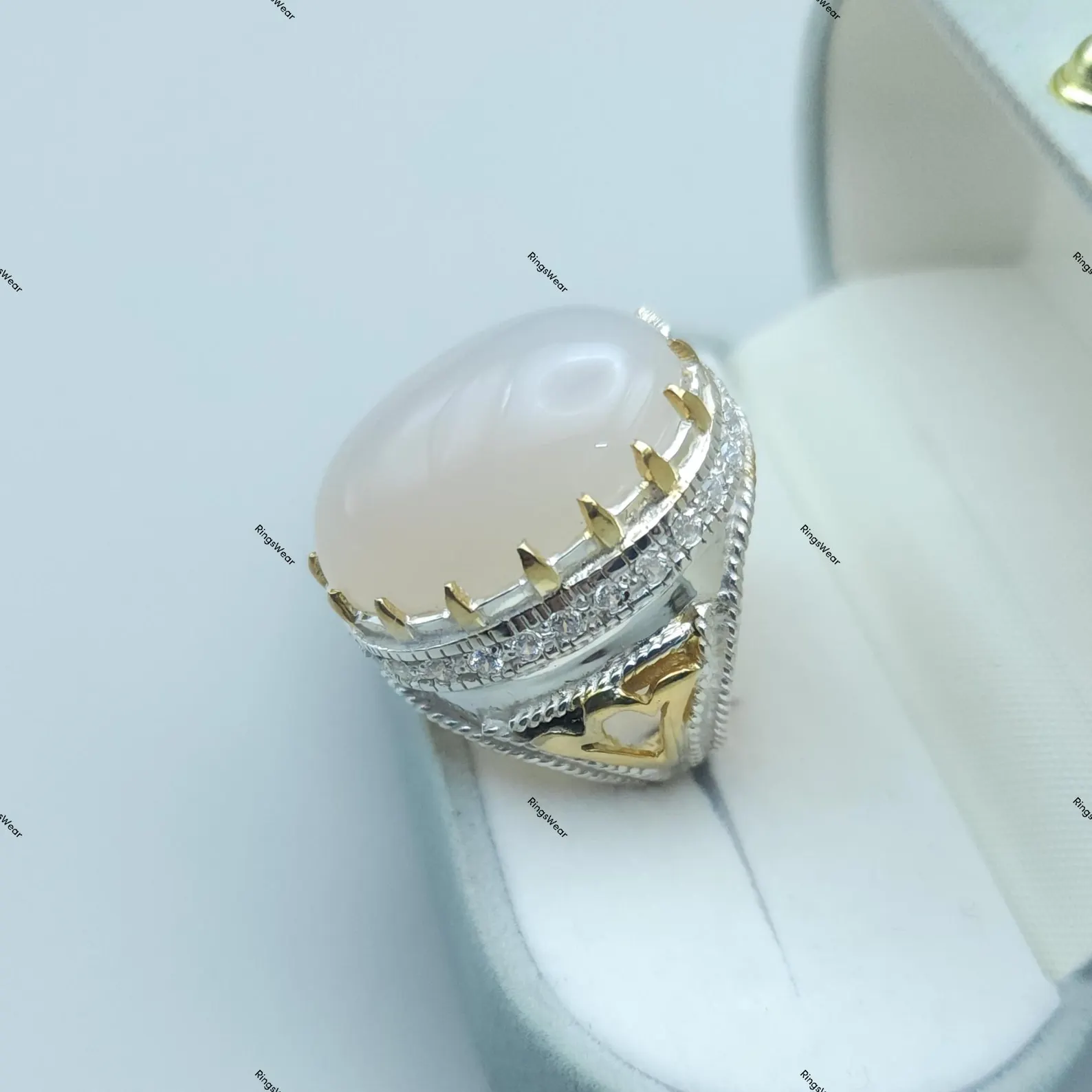 White Yemeni Aqeeq Ring For Men Two Tone 925 Silver 3 White Yemeni Aqeeq Ring For Men Two Tone 925 Silver - Image 3
