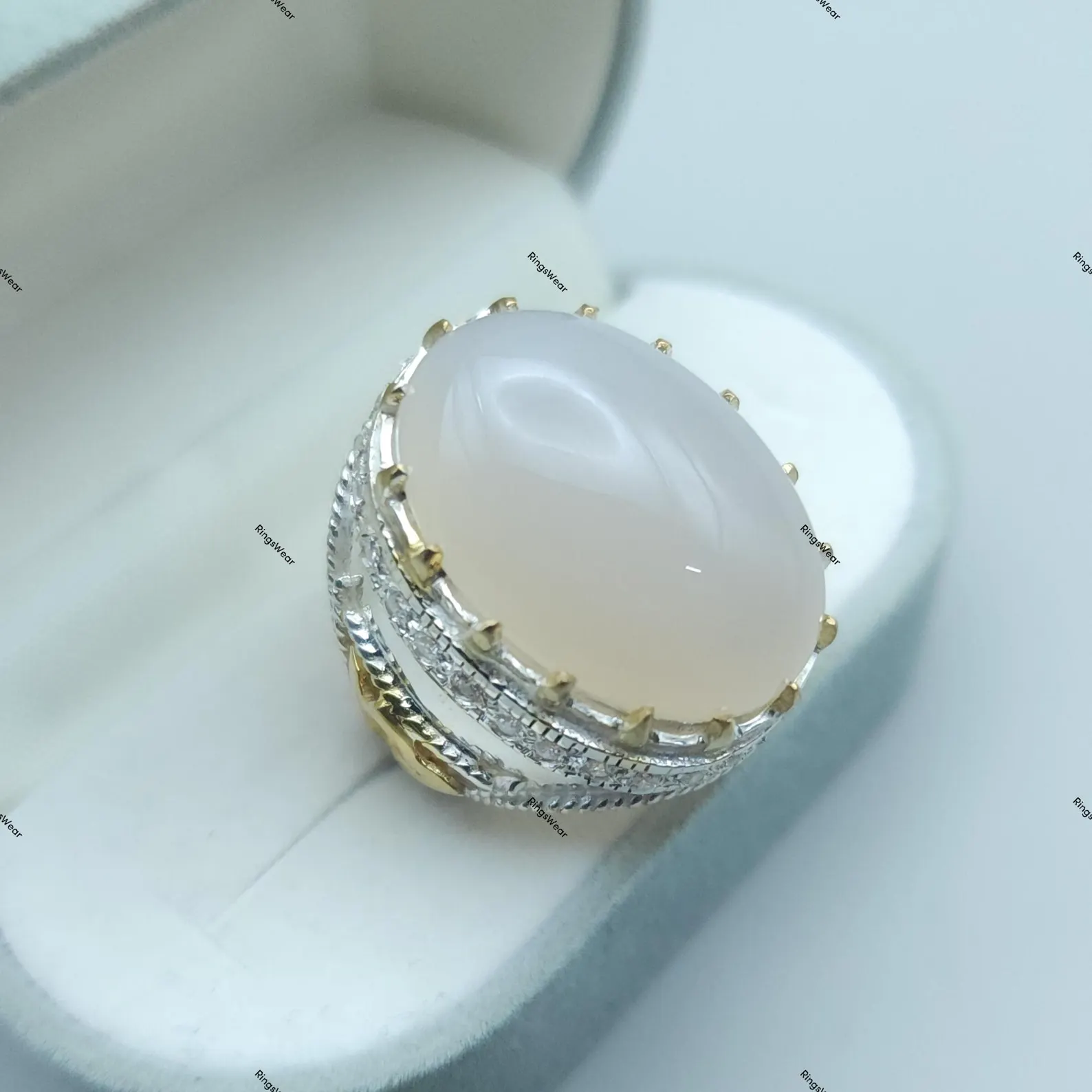 White Yemeni Aqeeq Ring For Men Two Tone 925 Silver 1 White Yemeni Aqeeq Ring For Men