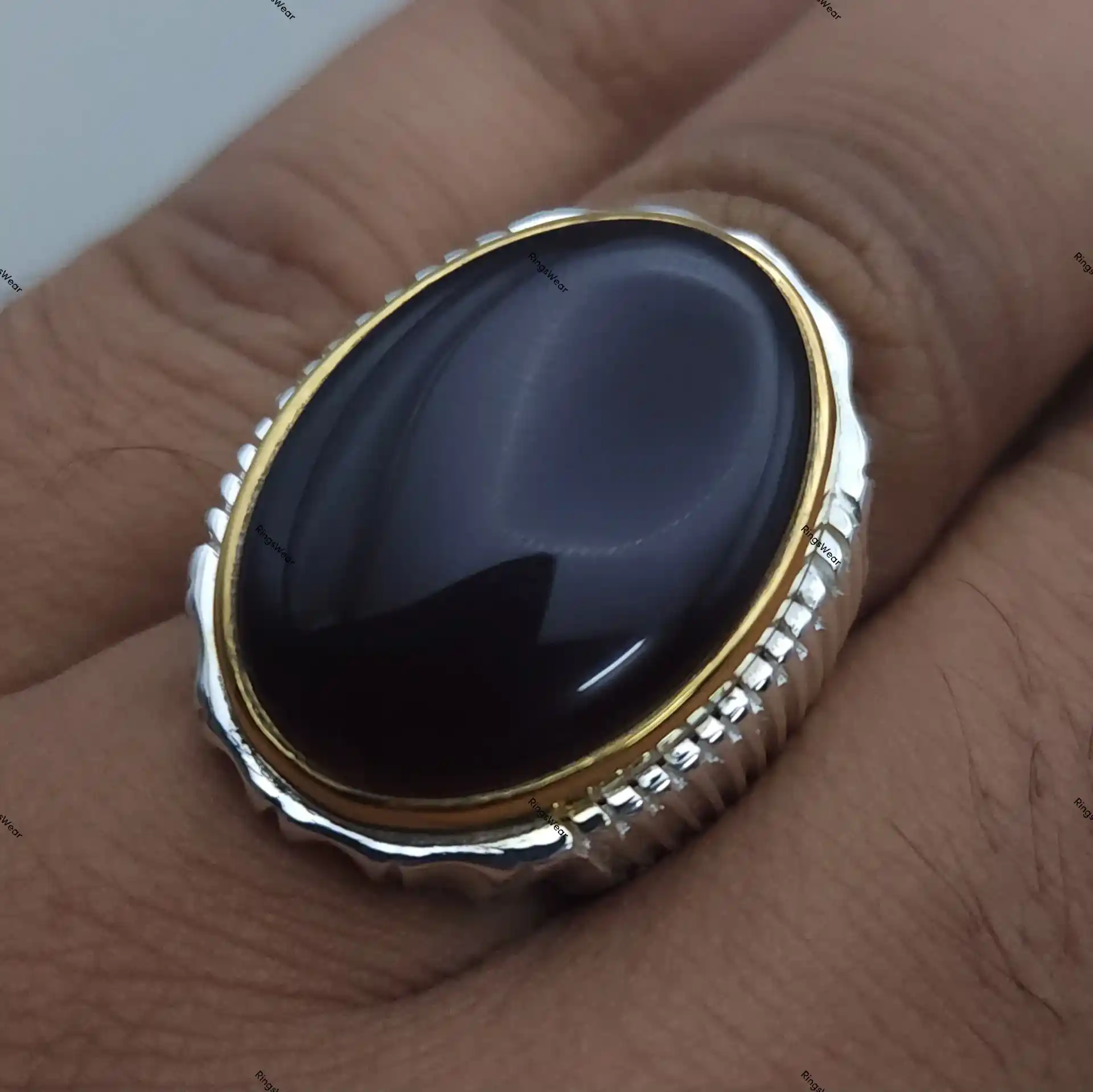 Brown Hakik Stone Ring For Men Two Tone 925 Silver 2 Brown Hakik Stone