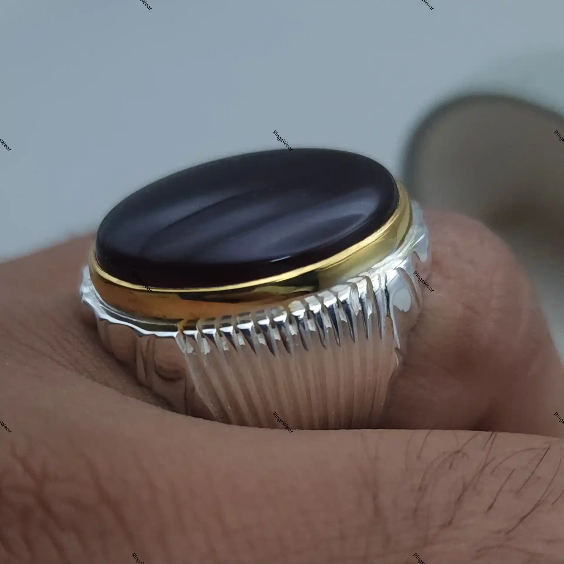 Brown Hakik Stone Ring For Men Two Tone 925 Silver 8 Brown Hakik Stone