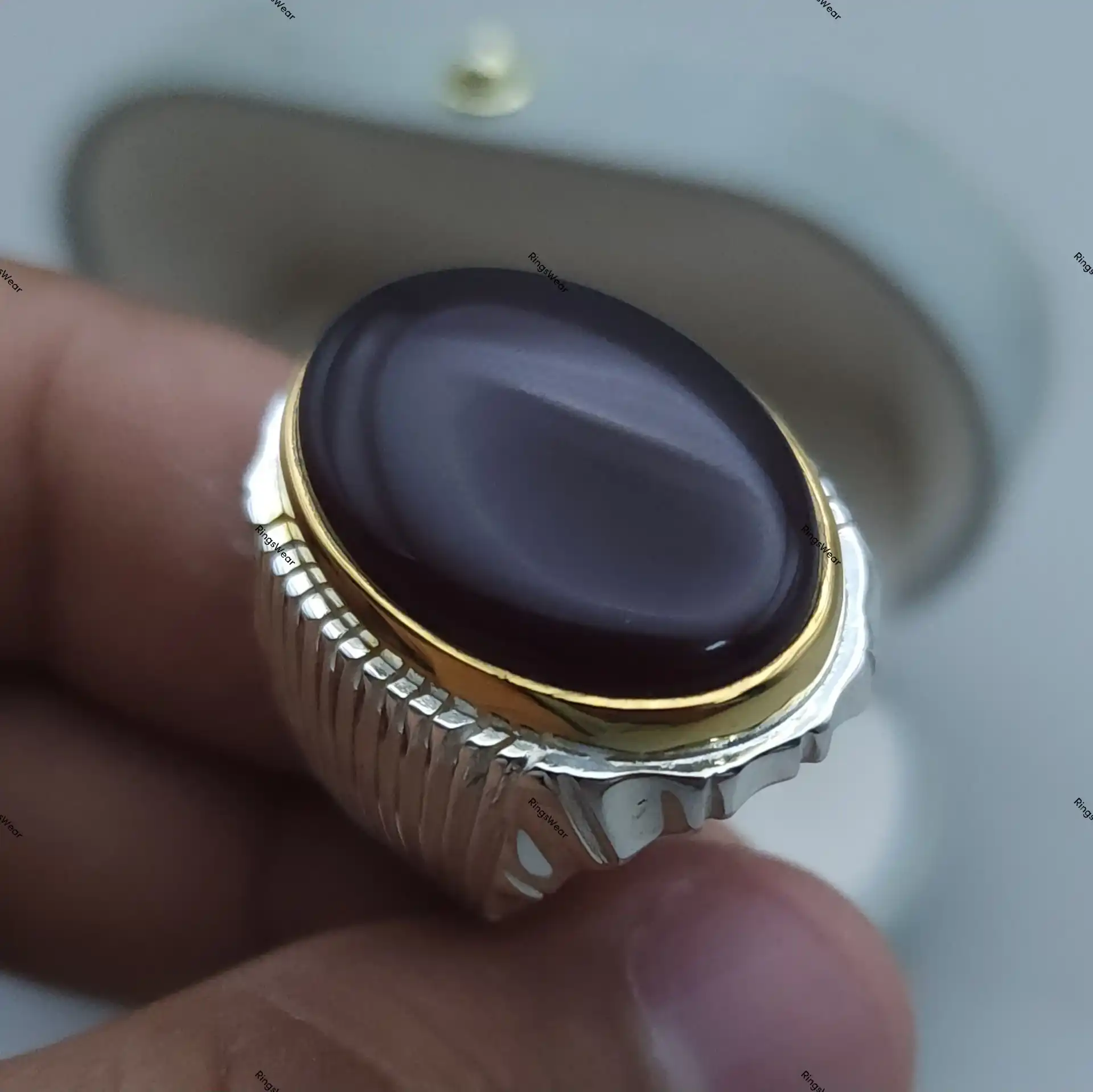 Brown Hakik Stone Ring For Men Two Tone 925 Silver 3 Brown Hakik Stone