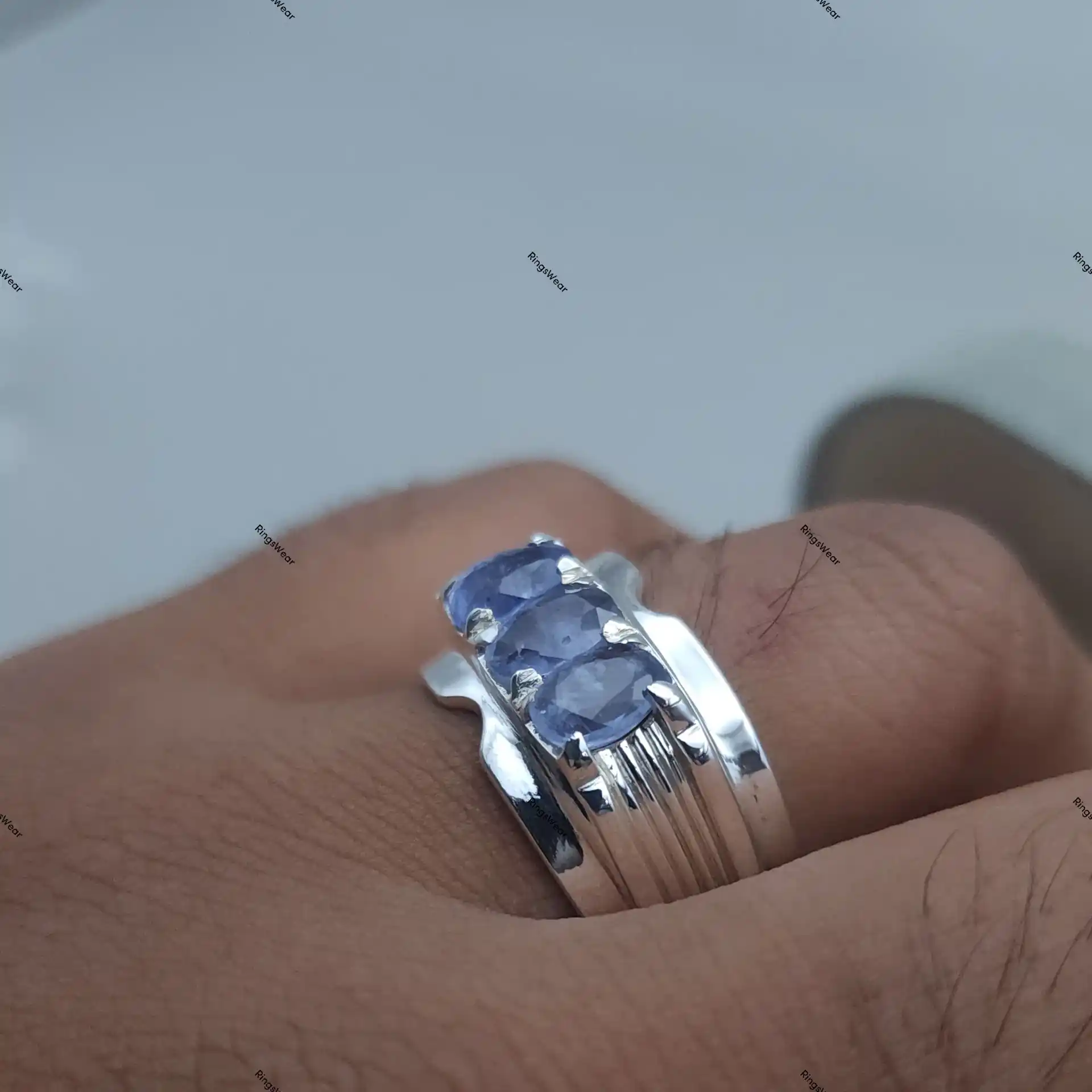 Three Stone Sapphire Ring For Men In 925 Sterling Silver 8 Three Stone Sapphire Ring