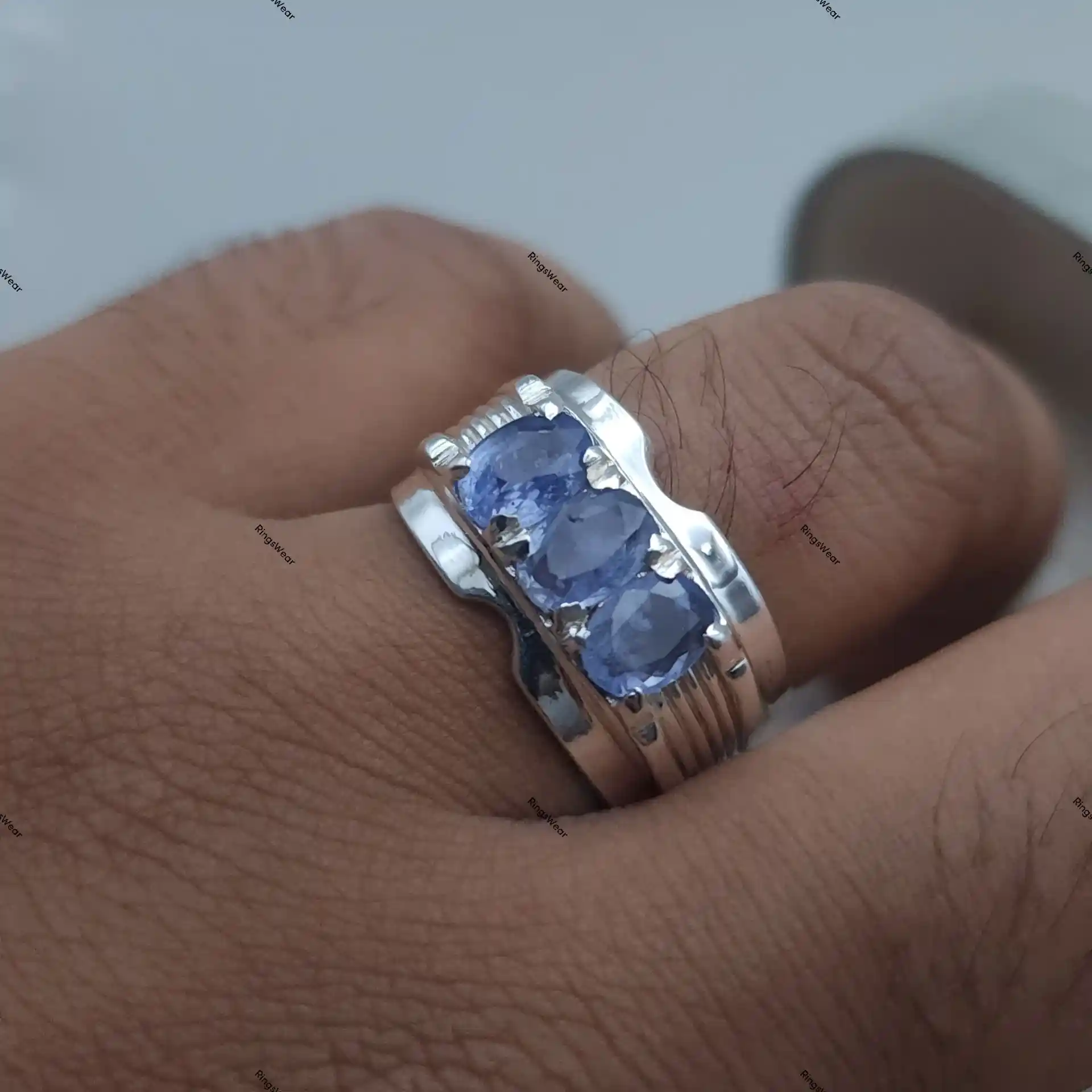 Three Stone Sapphire Ring For Men In 925 Sterling Silver 7 Three Stone Sapphire Ring For Men In 925 Sterling Silver - Image 7