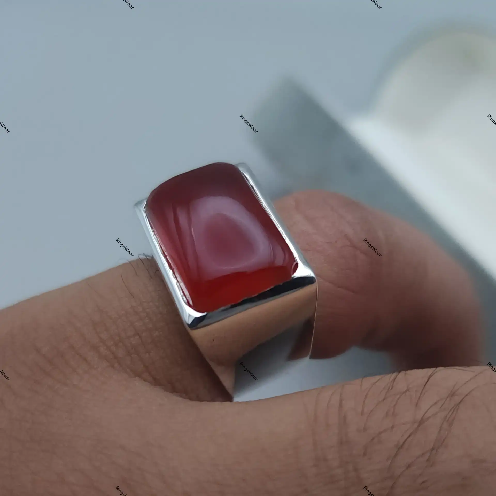 Natural Agate Stone Ring For Men Red Aqeeq In 925 Silver 8 Natural Agate Stone