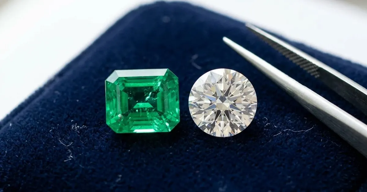 Emerald cut emerald beside a round diamond on navy velvet comparing whether emeralds are more expensive than diamonds