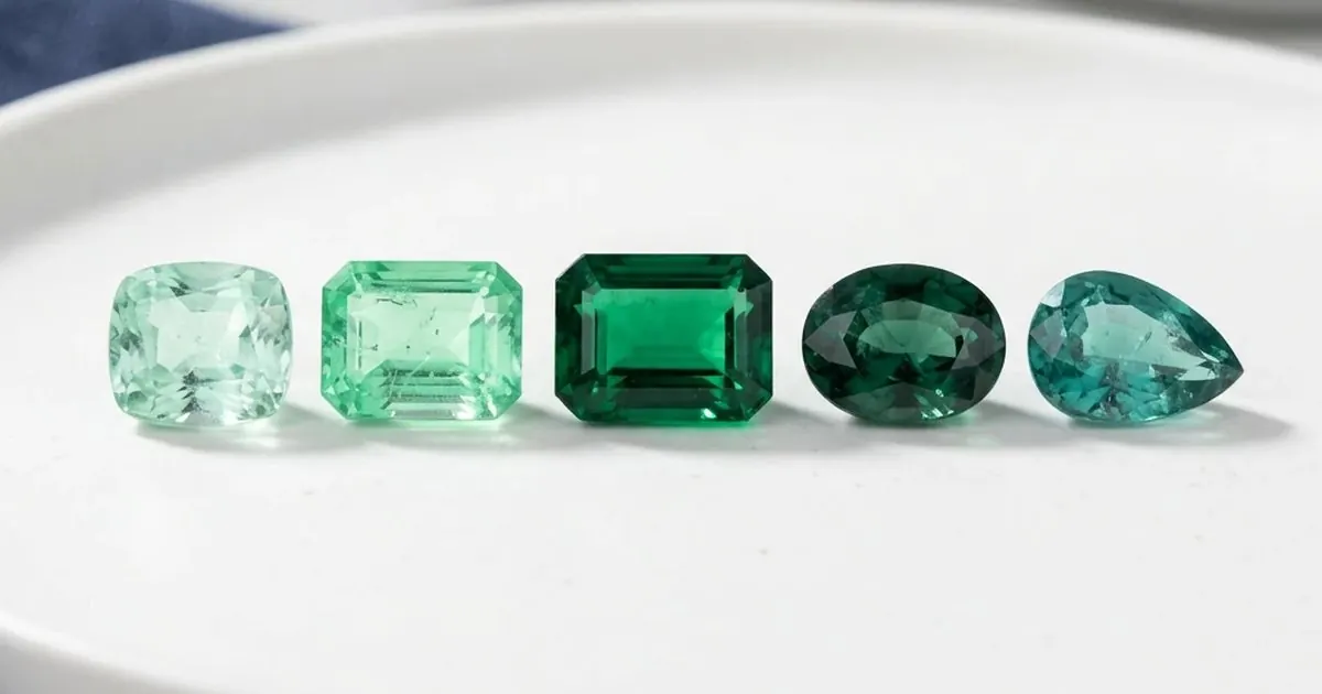 Five emeralds from light mint to deep bluish green showing that emeralds can be different colors