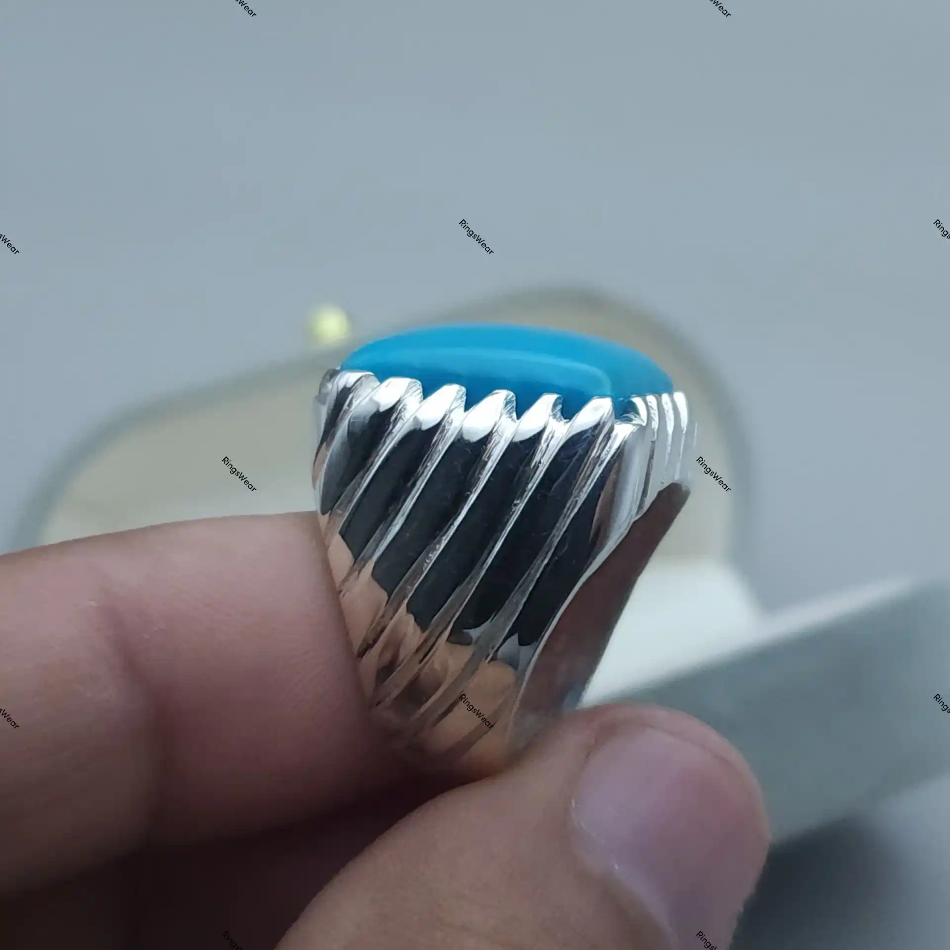Feroza Stone Ring For Men Natural Turquoise In 925 Silver 4 Feroza Stone Ring For Men Natural Turquoise In 925 Silver - Image 4