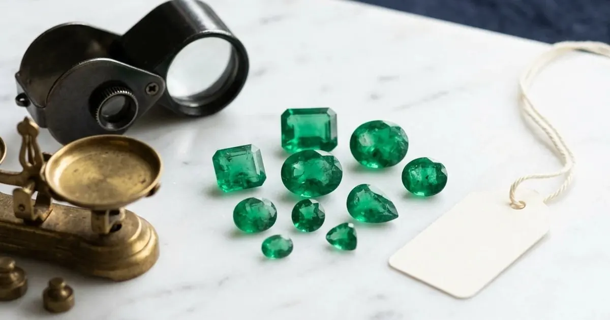 Loose Emeralds Beside A Jeweller&Amp;Apos;S Loupe, Brass Scale And Price Tag Showing How Much Are Emeralds Worth