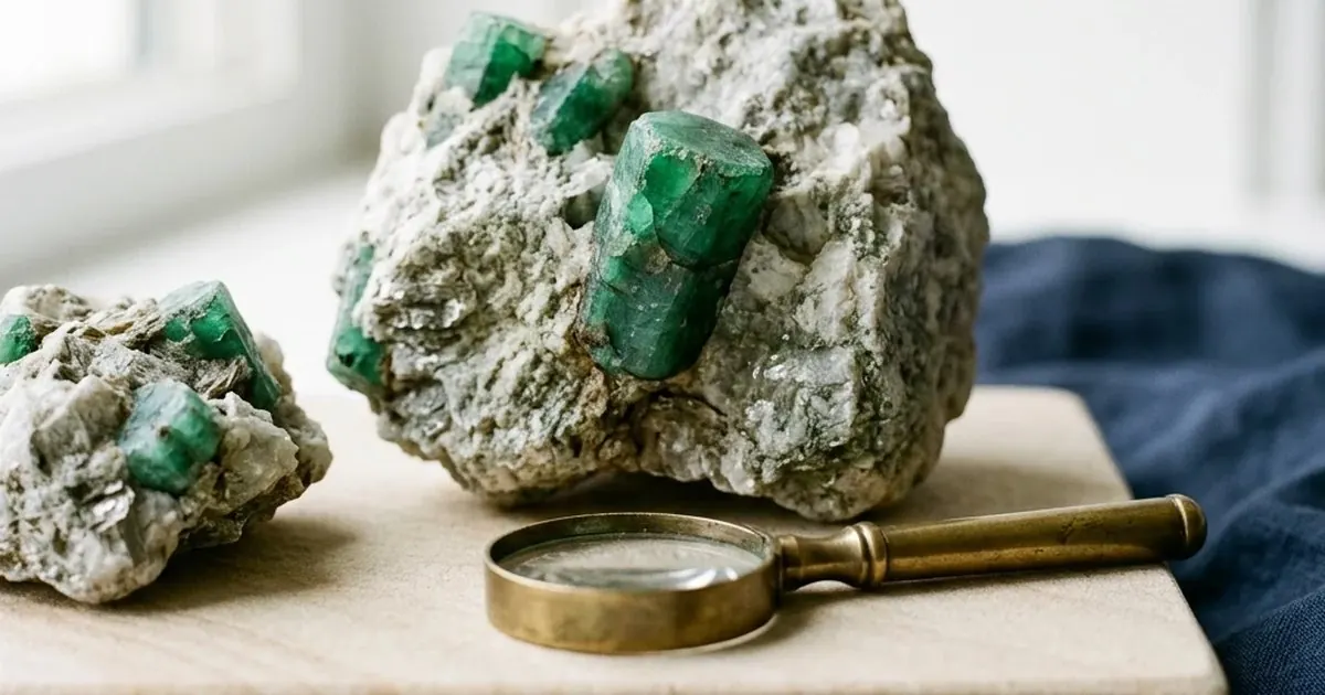 Raw emerald crystals in host rock with a magnifying glass, a guide on how to identify raw emerald