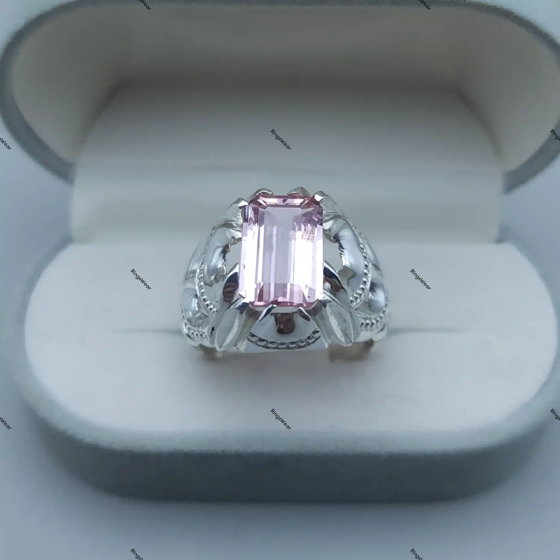 Pink Imperial Topaz Ring Emerald Cut Blush Gem In Ornate 925 Silver 2 Pink Imperial Topaz Ring Emerald Cut Blush Gem In Ornate 925 Silver - Image 2
