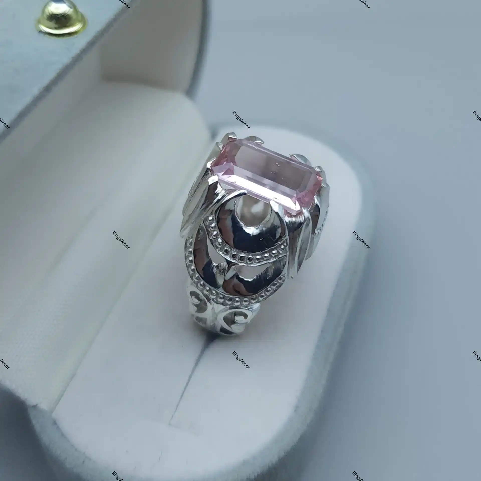 Pink Imperial Topaz Ring Emerald Cut Blush Gem In Ornate 925 Silver 4 Pink Imperial Topaz Ring Emerald Cut Blush Gem In Ornate 925 Silver - Image 4