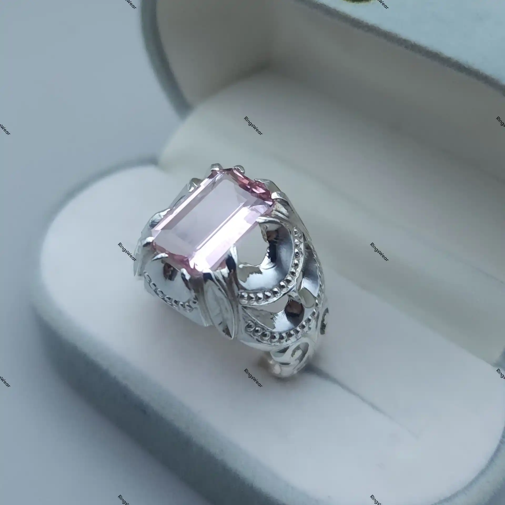 Pink Imperial Topaz Ring Emerald Cut Blush Gem In Ornate 925 Silver 5 Pink Imperial Topaz Ring Emerald Cut Blush Gem In Ornate 925 Silver - Image 5