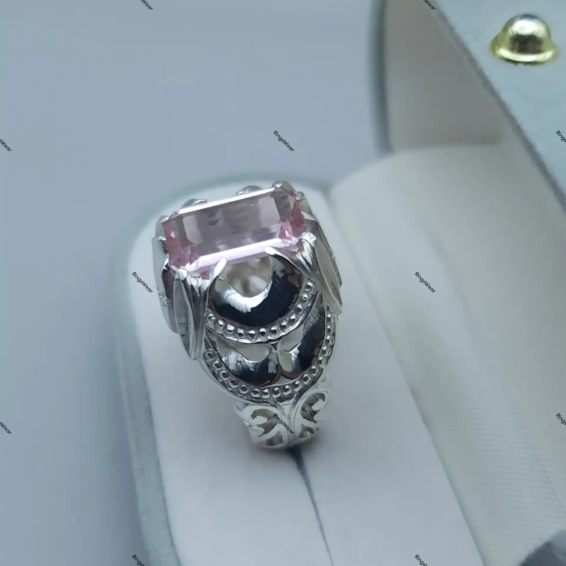 Pink Imperial Topaz Ring Emerald Cut Blush Gem In Ornate 925 Silver 6 Pink Imperial Topaz Ring Emerald Cut Blush Gem In Ornate 925 Silver - Image 6