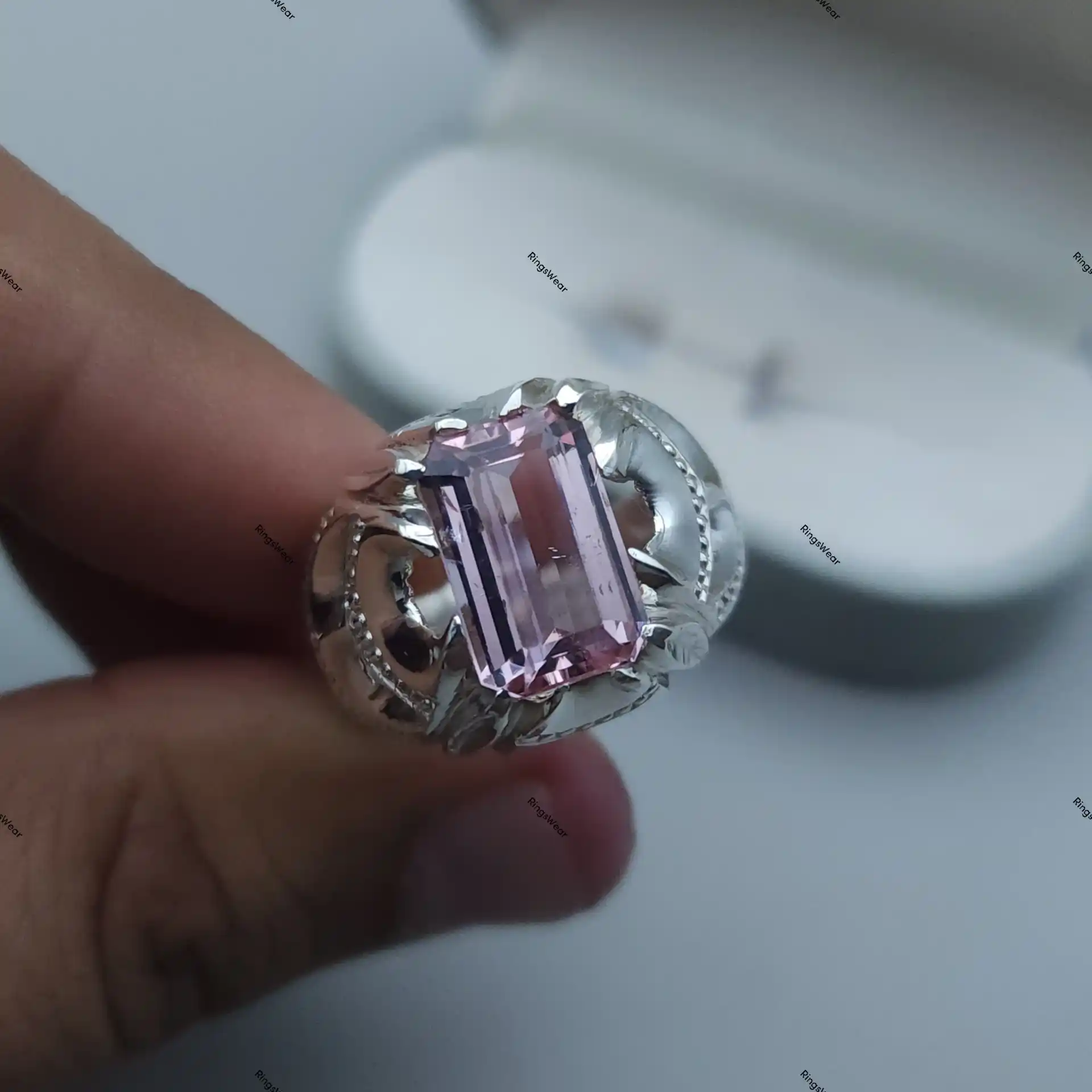 Pink Imperial Topaz Ring Emerald Cut Blush Gem In Ornate 925 Silver 8 Pink Imperial Topaz Ring Emerald Cut Blush Gem In Ornate 925 Silver - Image 8