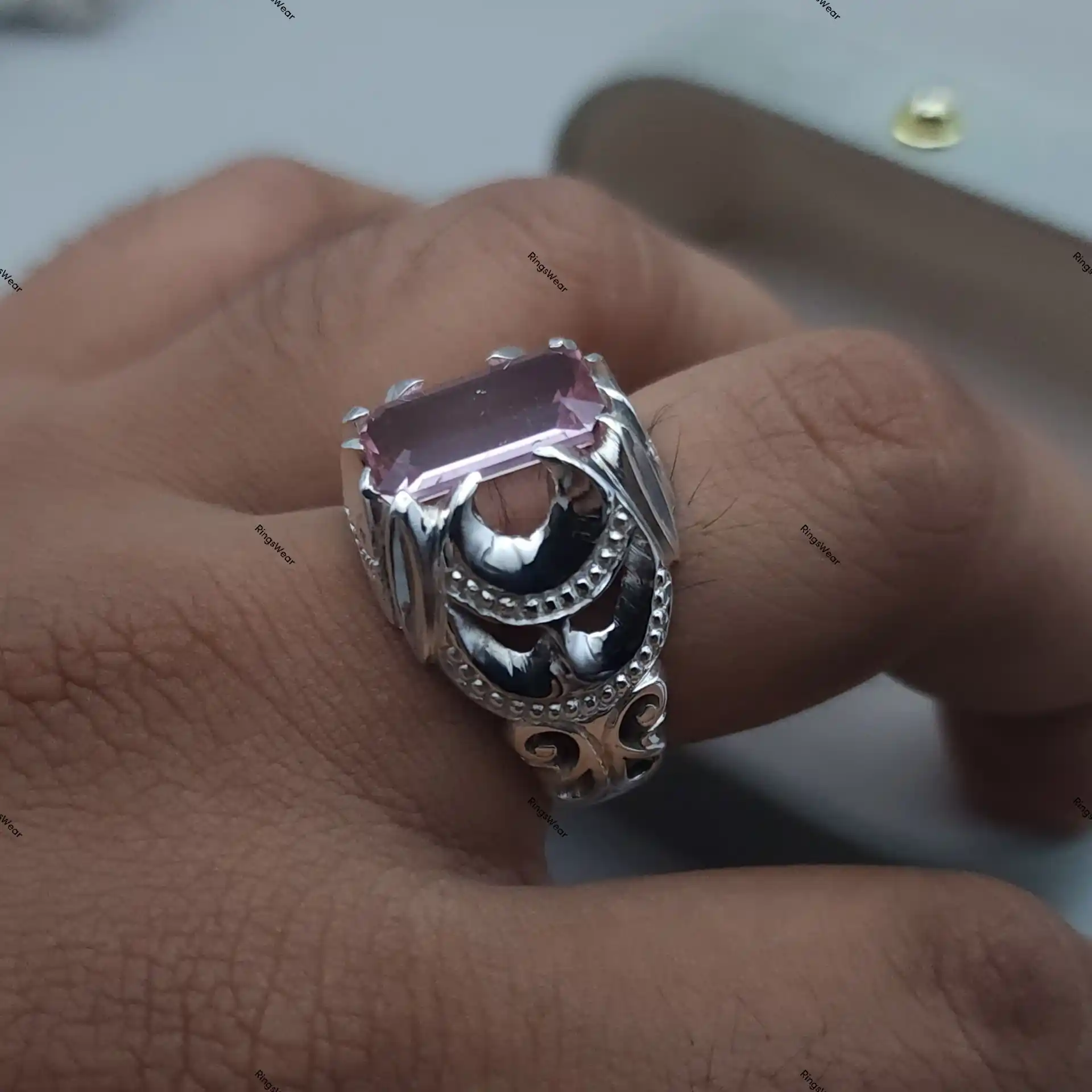 Pink Imperial Topaz Ring Emerald Cut Blush Gem In Ornate 925 Silver 10 Pink Imperial Topaz Ring Emerald Cut Blush Gem In Ornate 925 Silver - Image 10