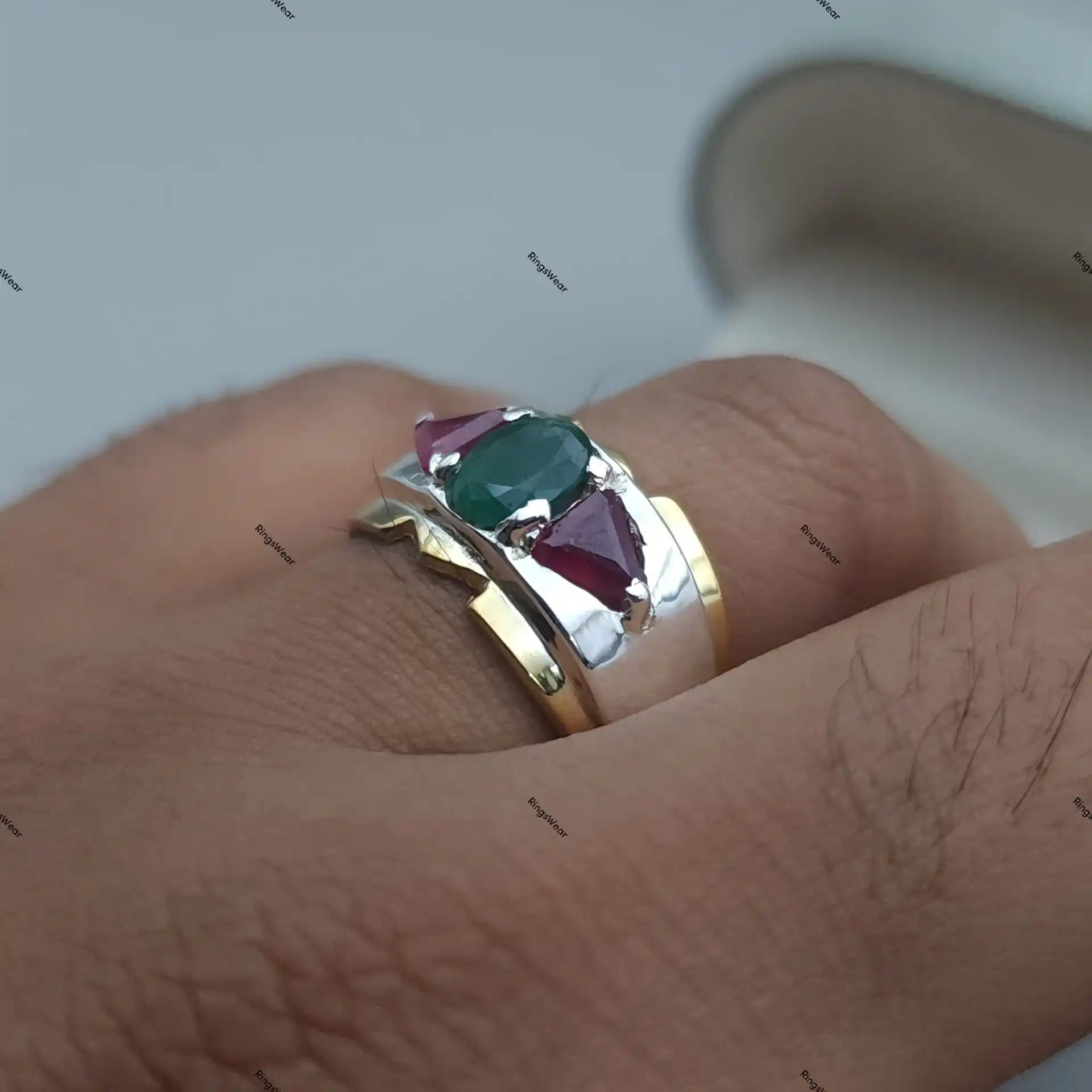 Ruby And Emerald Ring For Men Natural Stones Two Tone Silver And Gold 8 Ruby And Emerald Ring