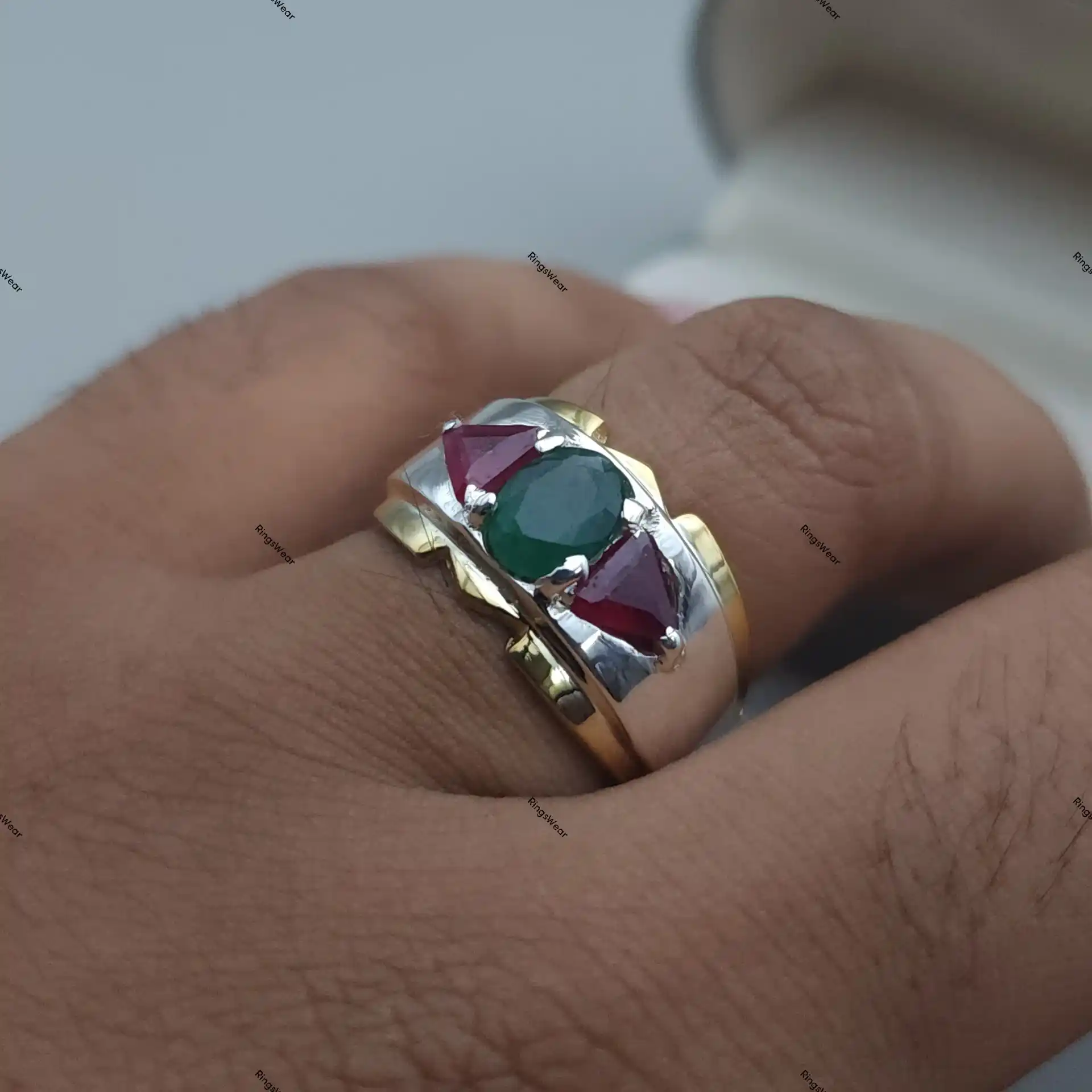 Ruby And Emerald Ring For Men Natural Stones Two Tone Silver And Gold 7 Ruby And Emerald Ring For Men Natural Stones Two Tone Silver And Gold - Image 7