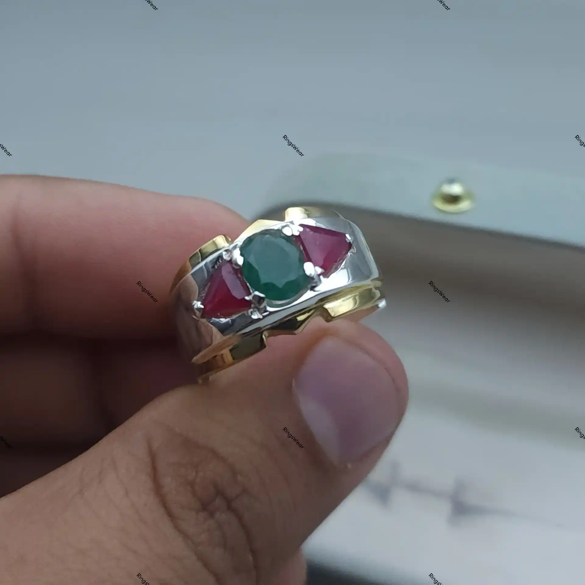 Ruby And Emerald Ring For Men Natural Stones Two Tone Silver And Gold 6 Ruby And Emerald Ring For Men Natural Stones Two Tone Silver And Gold - Image 6
