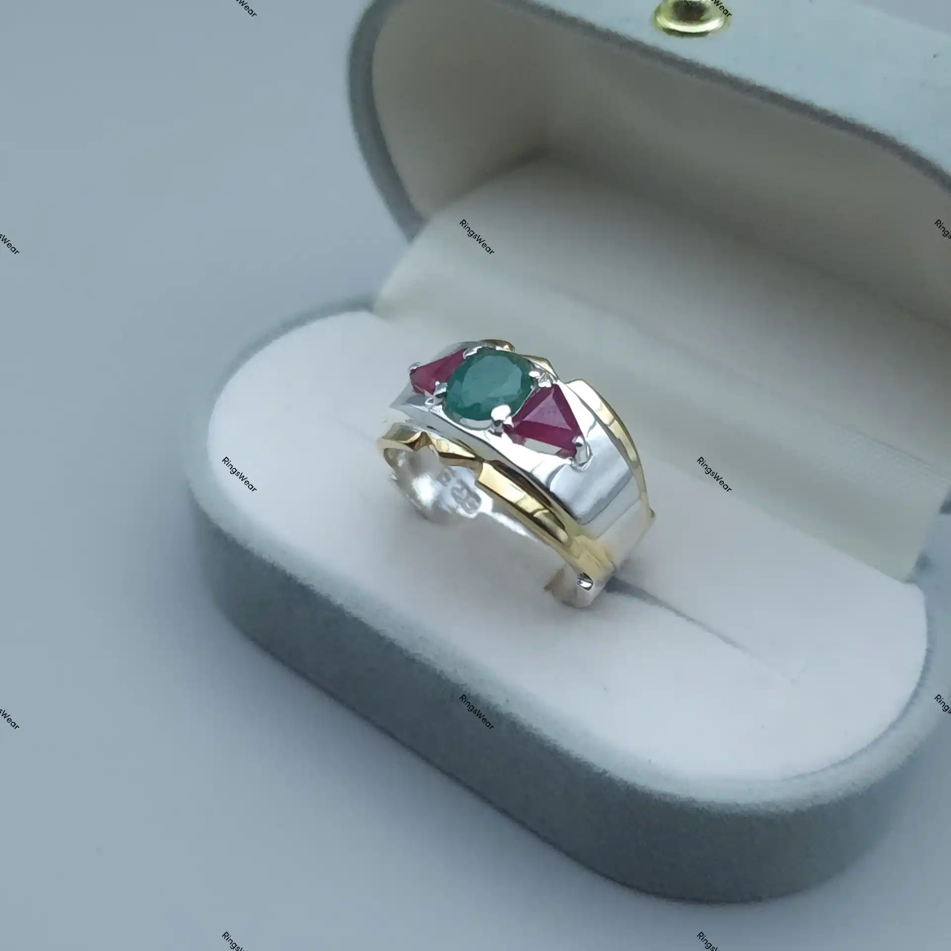 Ruby And Emerald Ring For Men Natural Stones Two Tone Silver And Gold 4 Ruby And Emerald Ring For Men Natural Stones Two Tone Silver And Gold - Image 4