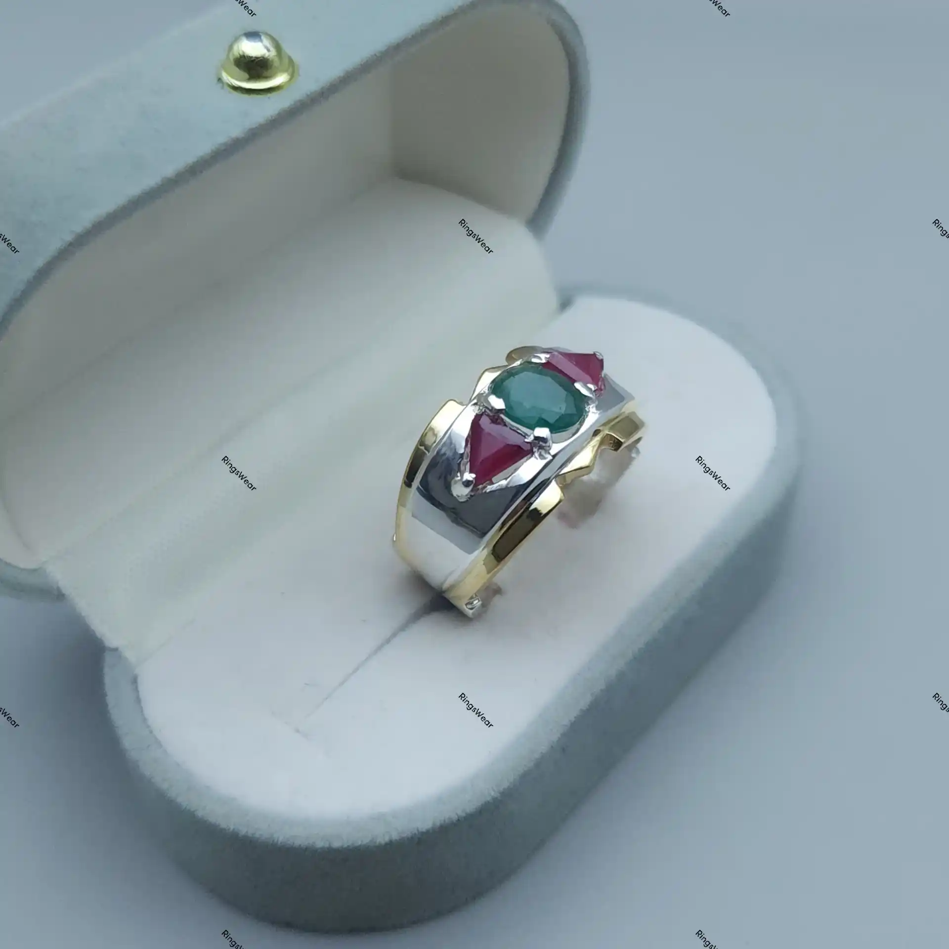 Ruby And Emerald Ring For Men Natural Stones Two Tone Silver And Gold 2 Ruby And Emerald Ring For Men Natural Stones Two Tone Silver And Gold - Image 2